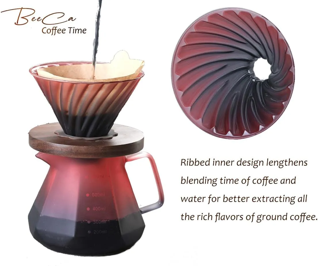BeeCa Pour Over Coffee Maker, 20oz / 600mL Drip Coffee Maker set, Coffee Dripper with V60 Paper Filter, Walnut Handle & Glass Lid, Borosilicate Glass Carafe for Home office Café (Blackberry)