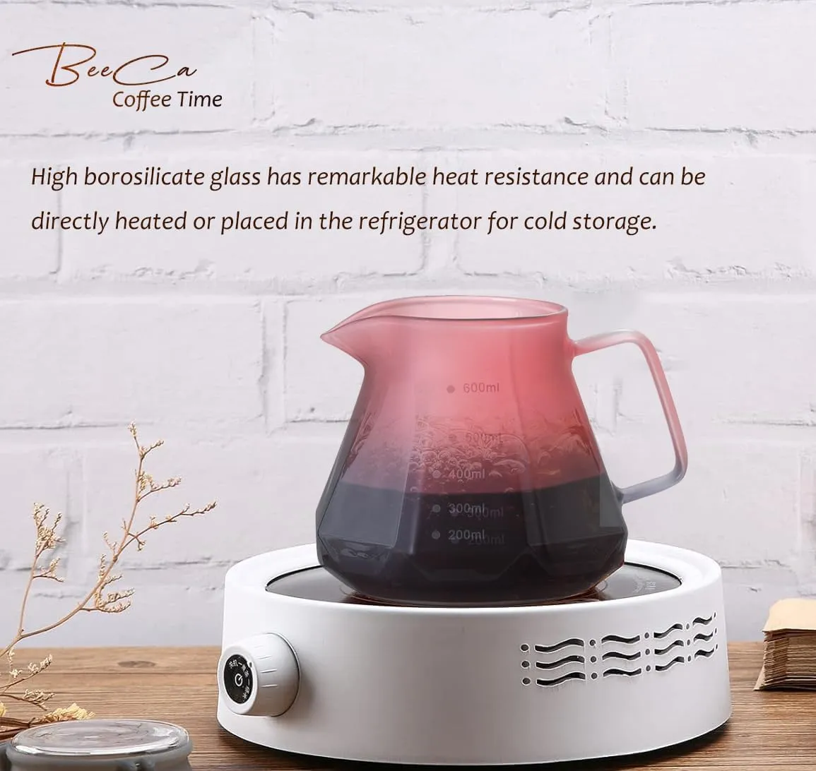 BeeCa Pour Over Coffee Maker, 20oz / 600mL Drip Coffee Maker set, Coffee Dripper with V60 Paper Filter, Walnut Handle & Glass Lid, Borosilicate Glass Carafe for Home office Café (Blackberry)