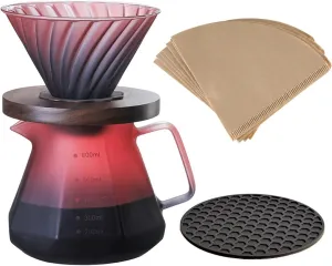 BeeCa Pour Over Coffee Maker, 20oz / 600mL Drip Coffee Maker set, Coffee Dripper with V60 Paper Filter, Walnut Handle & Glass Lid, Borosilicate Glass Carafe for Home office Café (Blackberry)