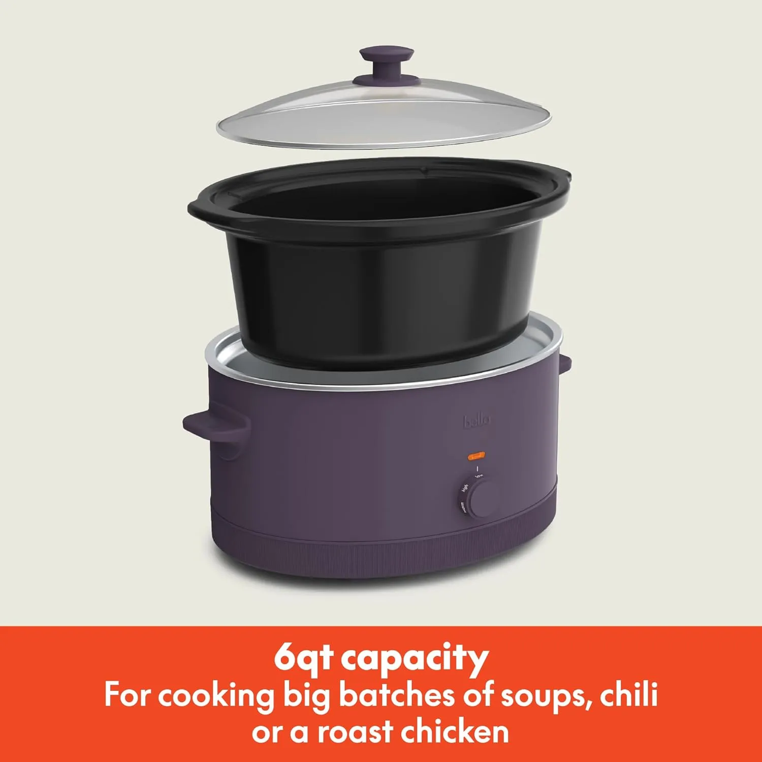 bella 6.0 Qt Manual Slow Cooker, EverGood™ Ceramic Nonstick Coating, 3 Temperature Settings, Dishwasher Safe Stoneware Pot and Tempered Glass Lid, Cool Touch Handles & Tangle Free Cord Wrap, Plum