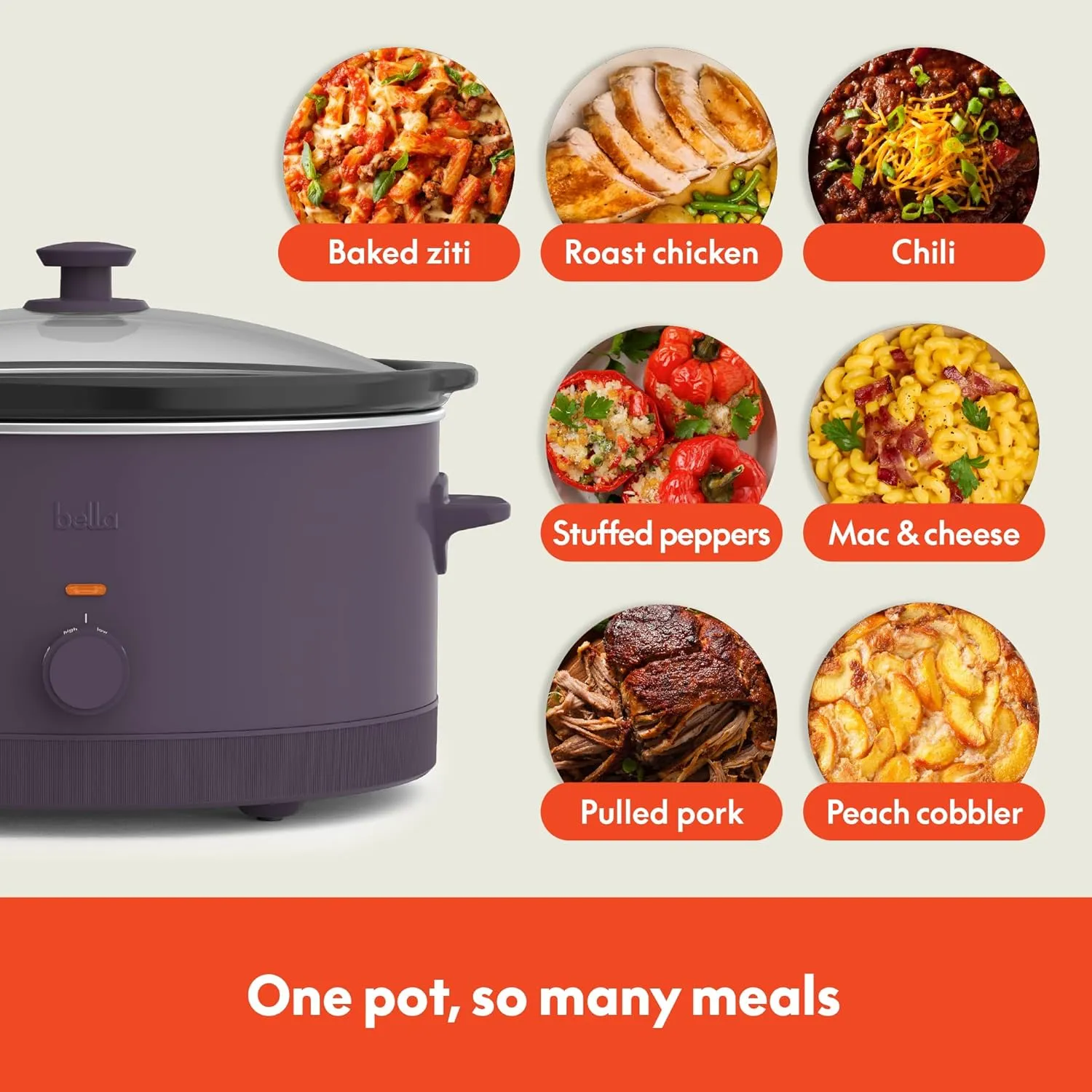 bella 6.0 Qt Manual Slow Cooker, EverGood™ Ceramic Nonstick Coating, 3 Temperature Settings, Dishwasher Safe Stoneware Pot and Tempered Glass Lid, Cool Touch Handles & Tangle Free Cord Wrap, Plum