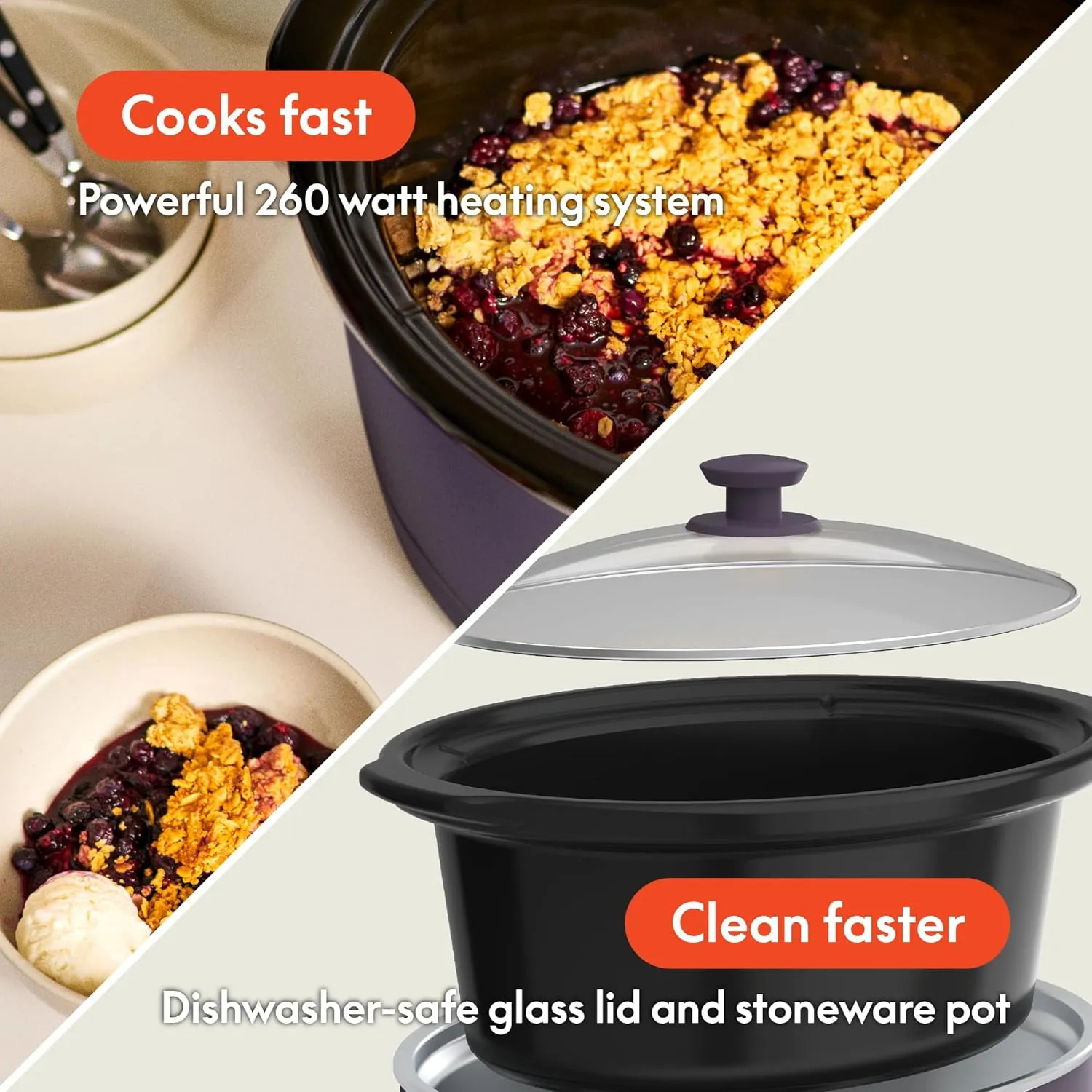 bella 6.0 Qt Manual Slow Cooker, EverGood™ Ceramic Nonstick Coating, 3 Temperature Settings, Dishwasher Safe Stoneware Pot and Tempered Glass Lid, Cool Touch Handles & Tangle Free Cord Wrap, Plum