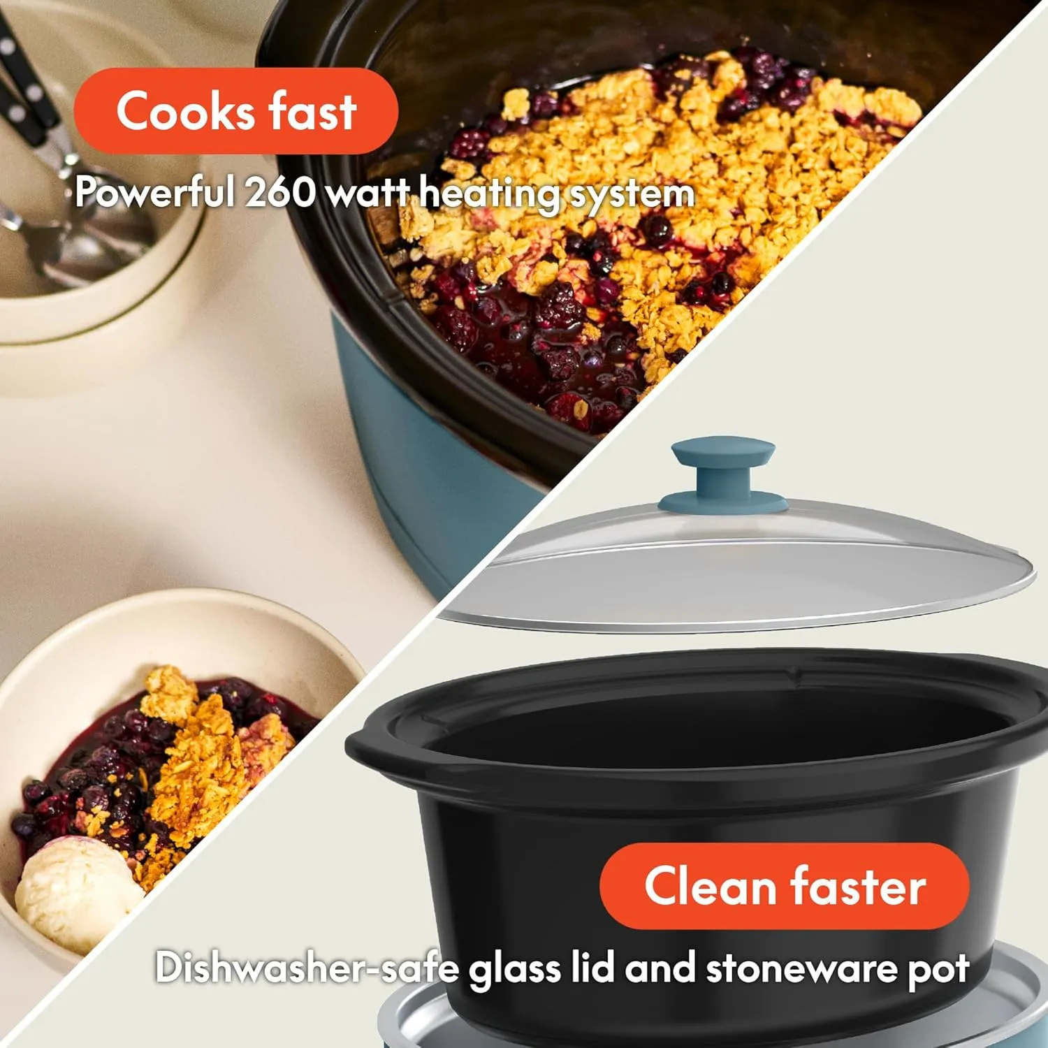 bella 6.0 Qt Manual Slow Cooker, EverGood™ Ceramic Nonstick Coating, 3 Temperature Settings, Dishwasher Safe Stoneware Pot and Tempered Glass Lid, Cool Touch Handles & Tangle Free Cord Wrap, Surf