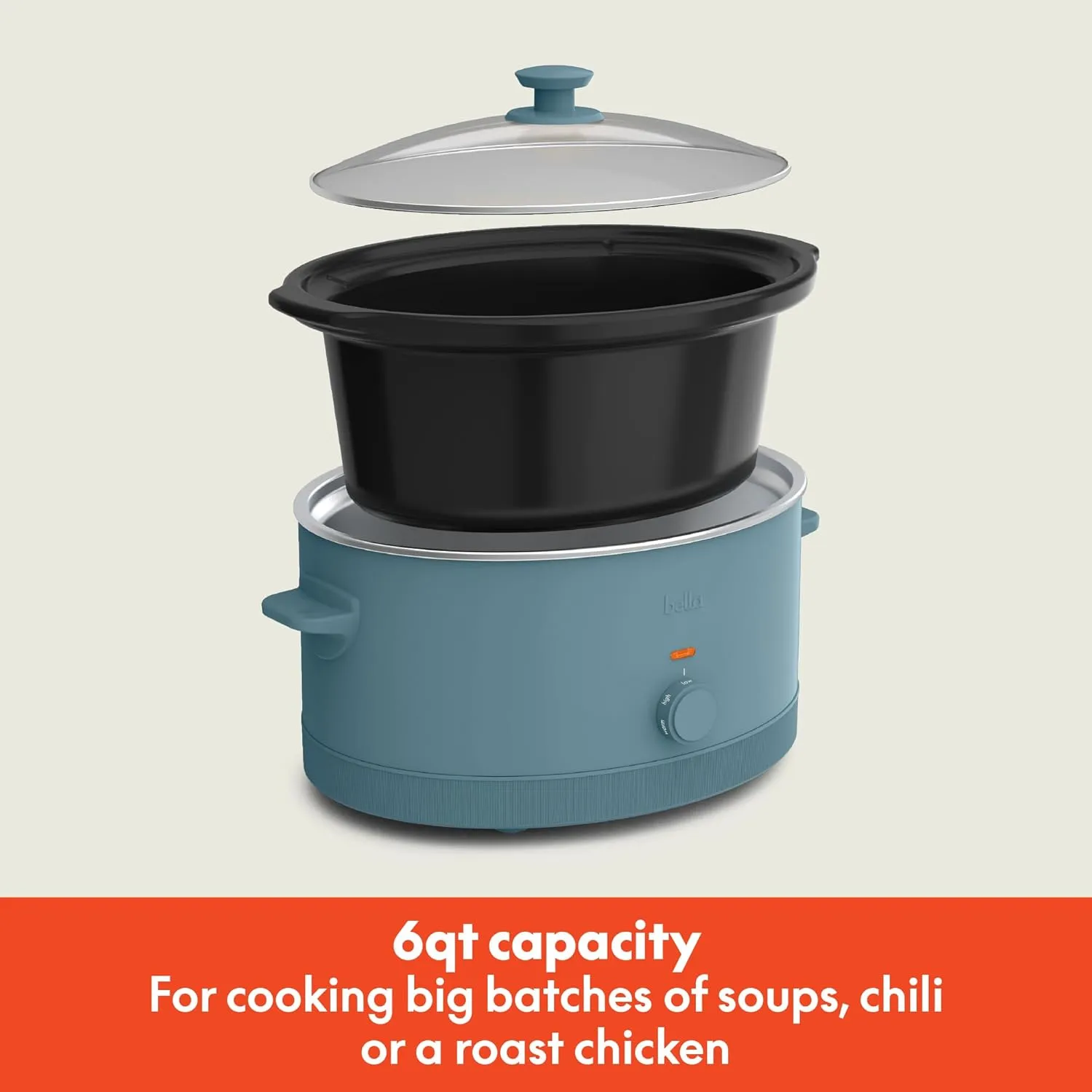 bella 6.0 Qt Manual Slow Cooker, EverGood™ Ceramic Nonstick Coating, 3 Temperature Settings, Dishwasher Safe Stoneware Pot and Tempered Glass Lid, Cool Touch Handles & Tangle Free Cord Wrap, Surf