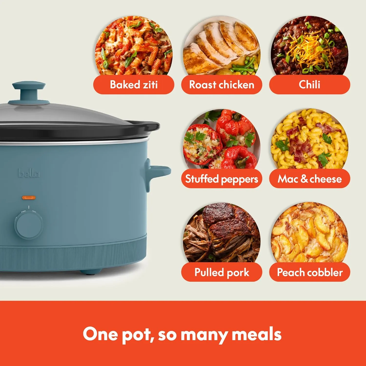 bella 6.0 Qt Manual Slow Cooker, EverGood™ Ceramic Nonstick Coating, 3 Temperature Settings, Dishwasher Safe Stoneware Pot and Tempered Glass Lid, Cool Touch Handles & Tangle Free Cord Wrap, Surf