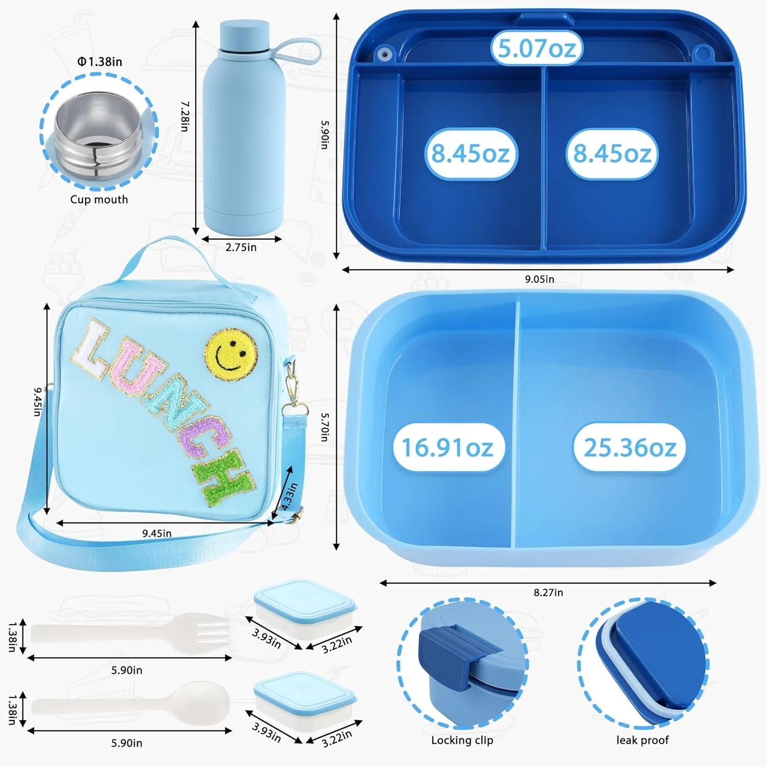 Bento Lunch Box Set for Kids - Blue Nylon insulated Lunch Bag with 12oz Thermos, Leak-Proof Containers, Adjustable Strap, Birthday Gifts for Girls School Travel Picnic (Ages 3-15)