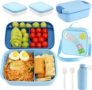 Bento Lunch Box Set for Kids - Blue Nylon insulated Lunch Bag with 12oz Thermos, Leak-Proof Containers, Adjustable Strap, Birthday Gifts for Girls School Travel Picnic (Ages 3-15)