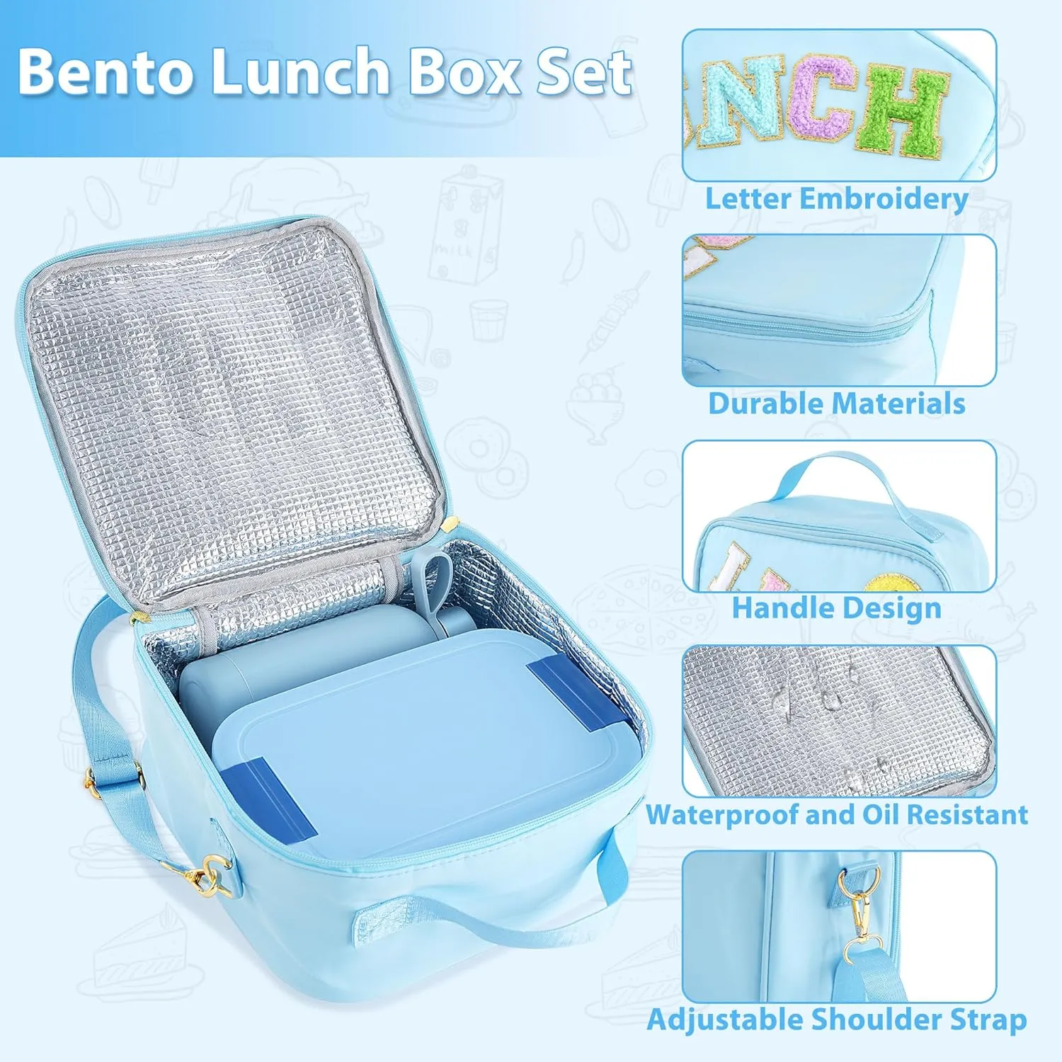 Bento Lunch Box Set for Kids - Blue Nylon insulated Lunch Bag with 12oz Thermos, Leak-Proof Containers, Adjustable Strap, Birthday Gifts for Girls School Travel Picnic (Ages 3-15)