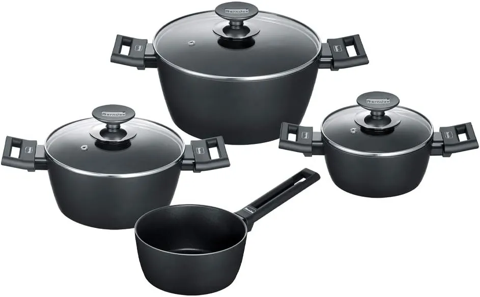 Berndes 11301 Alu Kochtopfset 4-teilig 7-Piece Pot Set Including Glass Lid, Coating & Suitable for Use on All Hobs, Induction, Cast Aluminium Saucepans with Non-Stick Coating, Black