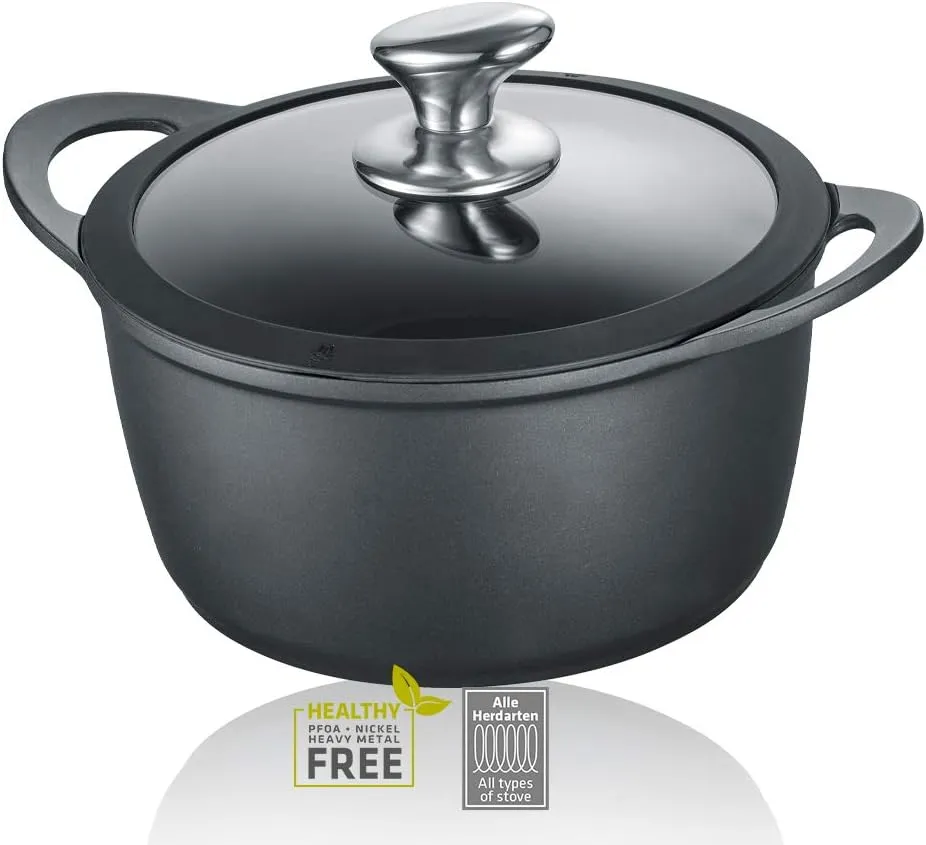 Berndes Vienna Pot 20 cm Suitable for All Hobs, Cooking Pot with 3-Layer Non-Stick Coating, Glass Lid, Full Surface Induction, Non-Stick Coating, Aluminium, Black