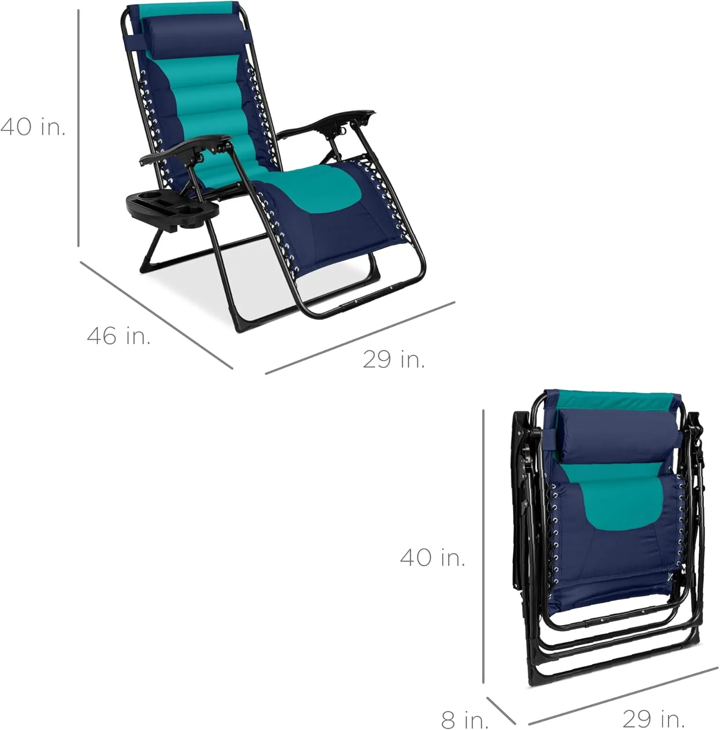 Best Choice Products Oversized Padded Zero Gravity Chair, Folding Outdoor Patio Recliner, XL Anti Gravity Lounger for Backyard w/Headrest, Cup Holder, Side Tray, Polyester Mesh - Navy/Teal