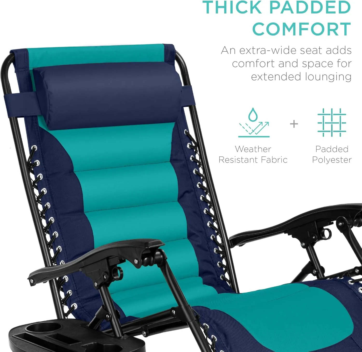 Best Choice Products Oversized Padded Zero Gravity Chair, Folding Outdoor Patio Recliner, XL Anti Gravity Lounger for Backyard w/Headrest, Cup Holder, Side Tray, Polyester Mesh - Navy/Teal
