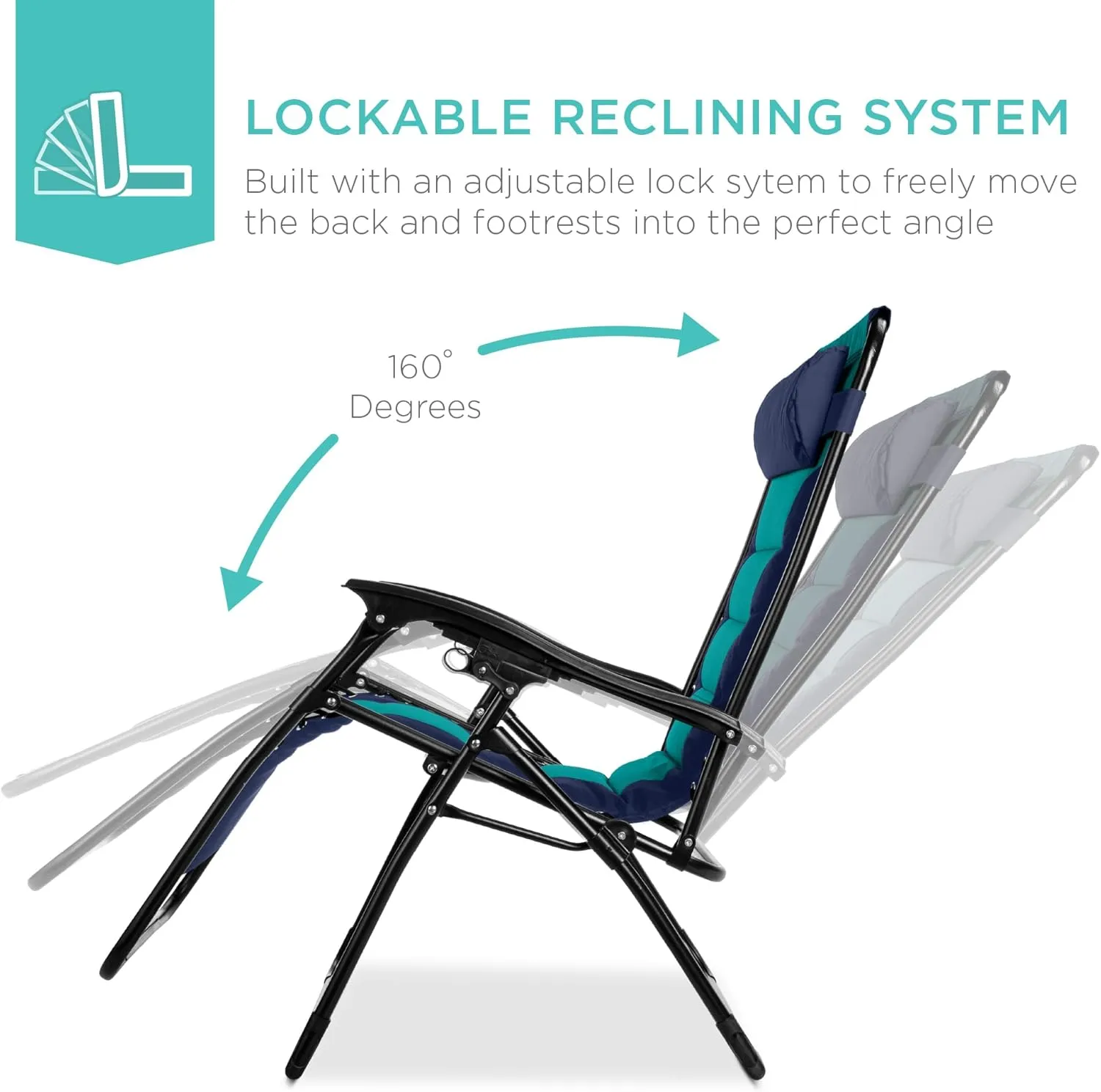 Best Choice Products Oversized Padded Zero Gravity Chair, Folding Outdoor Patio Recliner, XL Anti Gravity Lounger for Backyard w/Headrest, Cup Holder, Side Tray, Polyester Mesh - Navy/Teal