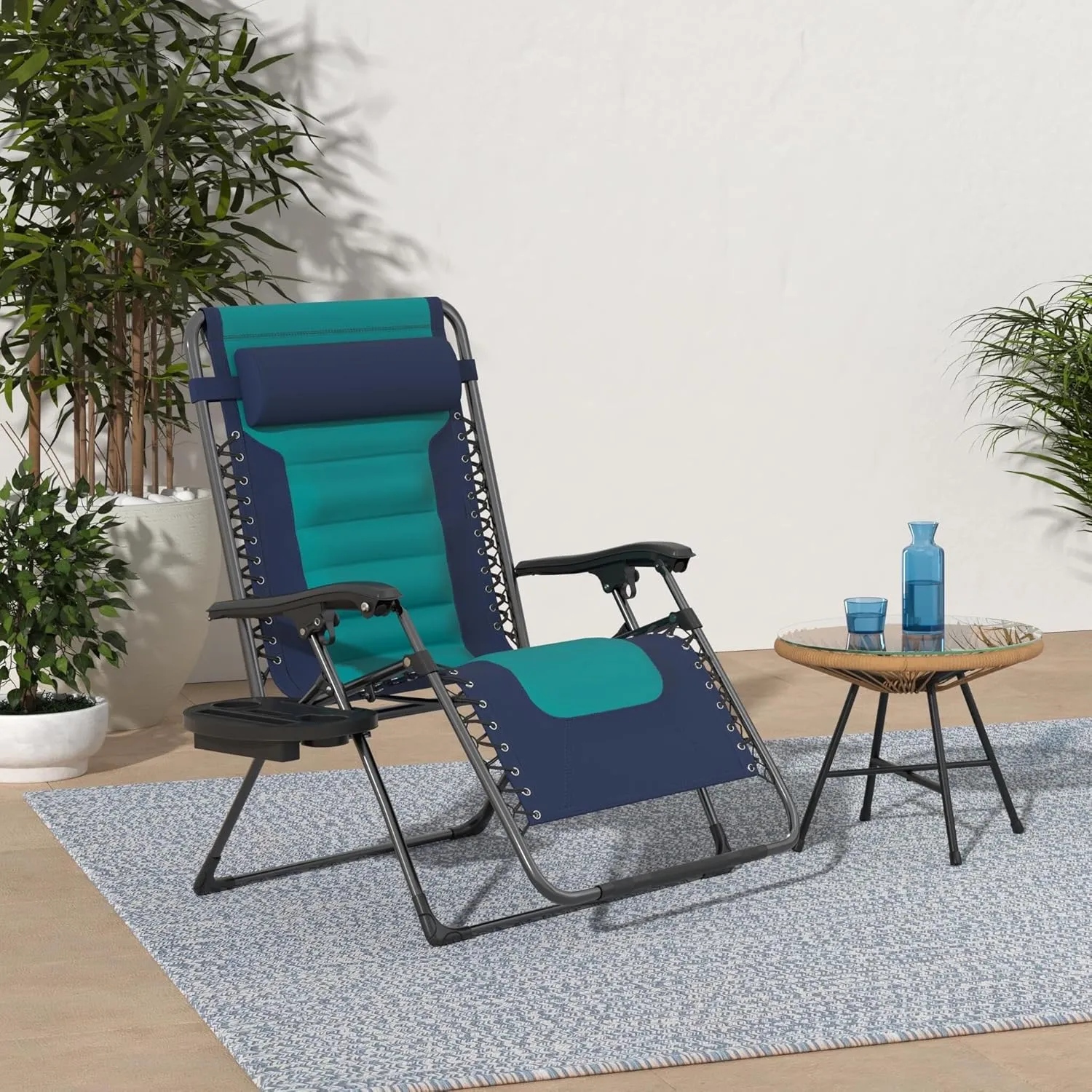 Best Choice Products Oversized Padded Zero Gravity Chair, Folding Outdoor Patio Recliner, XL Anti Gravity Lounger for Backyard w/Headrest, Cup Holder, Side Tray, Polyester Mesh - Navy/Teal