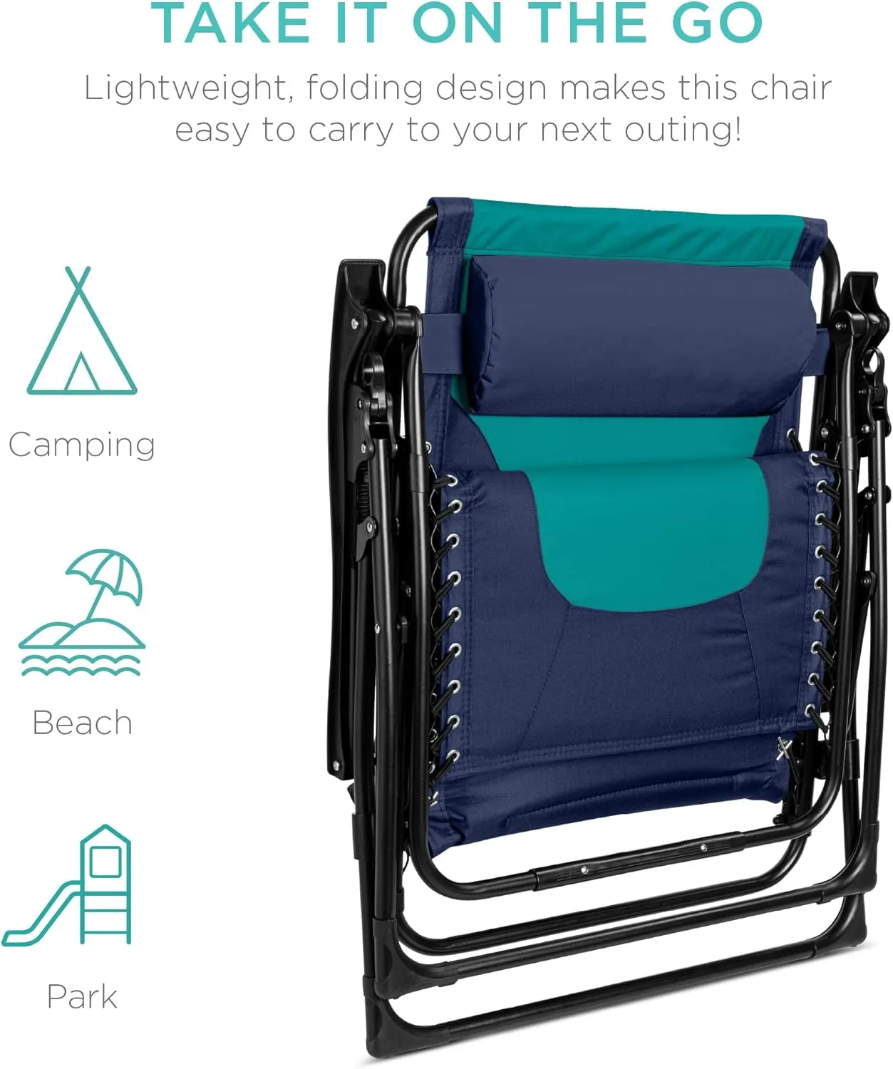Best Choice Products Oversized Padded Zero Gravity Chair, Folding Outdoor Patio Recliner, XL Anti Gravity Lounger for Backyard w/Headrest, Cup Holder, Side Tray, Polyester Mesh - Navy/Teal