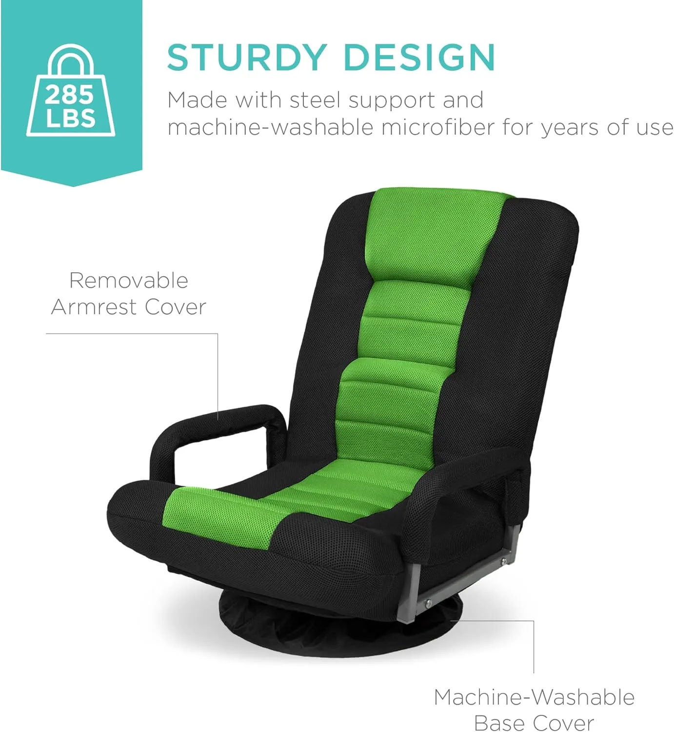Best Choice Products Swivel Gaming Chair 360 Degree Multipurpose Floor Chair Rocker for TV, Reading, Playing Video Games w/Lumbar Support, Armrest Handles, Adjustable Backrest - Black/Green