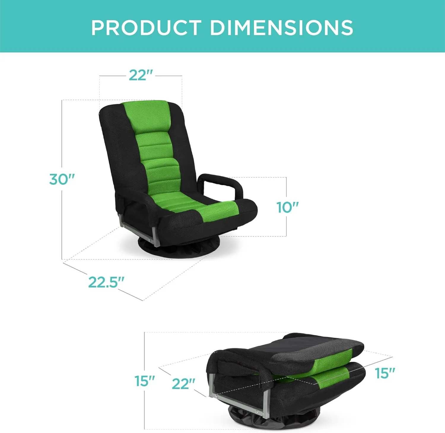 Best Choice Products Swivel Gaming Chair 360 Degree Multipurpose Floor Chair Rocker for TV, Reading, Playing Video Games w/Lumbar Support, Armrest Handles, Adjustable Backrest - Black/Green