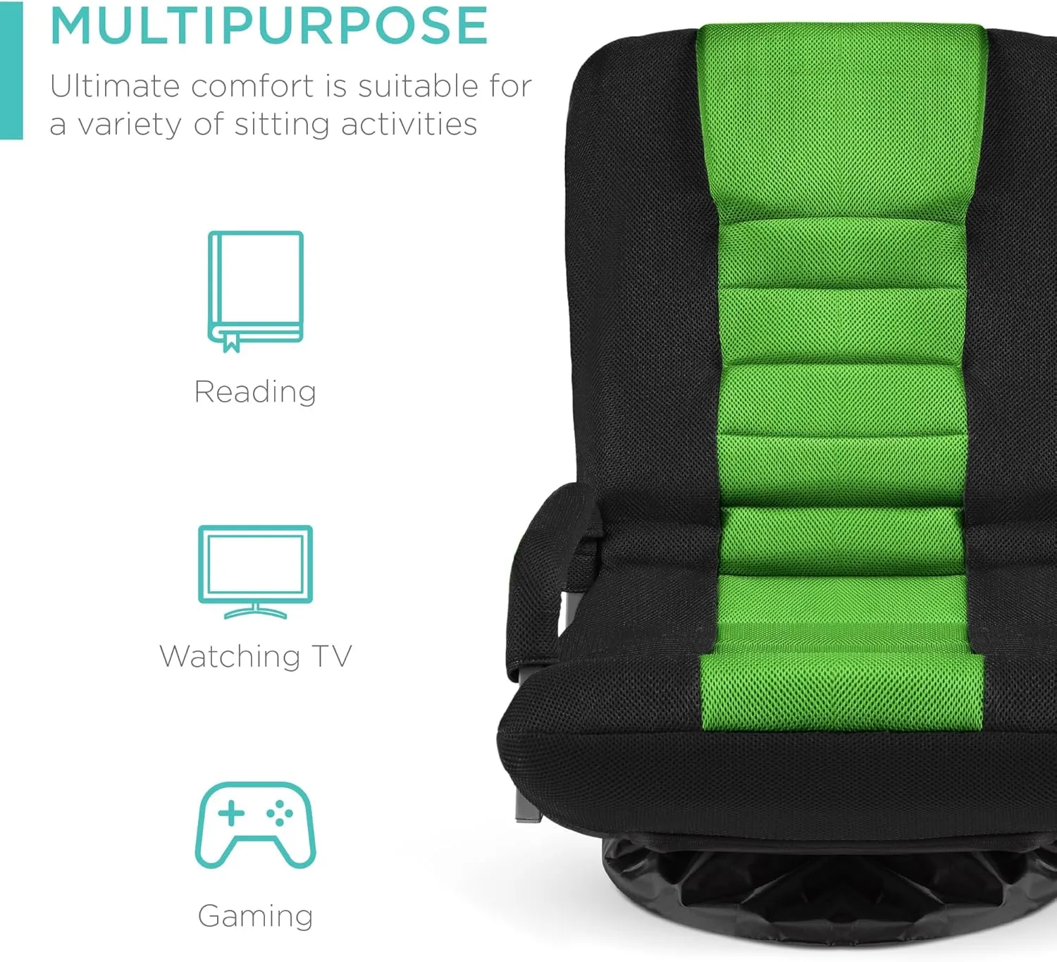 Best Choice Products Swivel Gaming Chair 360 Degree Multipurpose Floor Chair Rocker for TV, Reading, Playing Video Games w/Lumbar Support, Armrest Handles, Adjustable Backrest - Black/Green