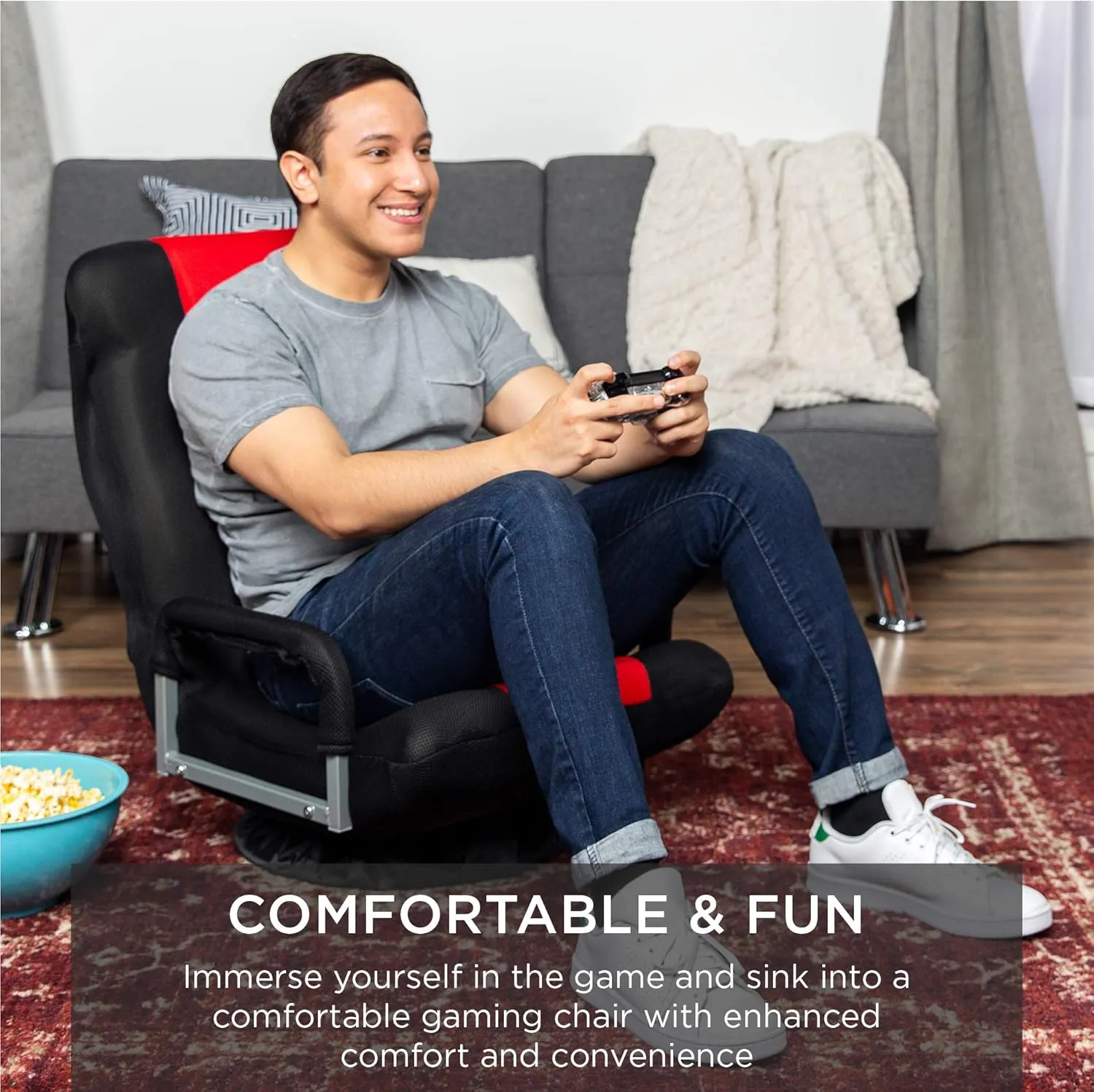 Best Choice Products Swivel Gaming Chair 360 Degree Multipurpose Floor Chair Rocker for TV, Reading, Playing Video Games w/Lumbar Support, Armrest Handles, Adjustable Backrest - Black/Red