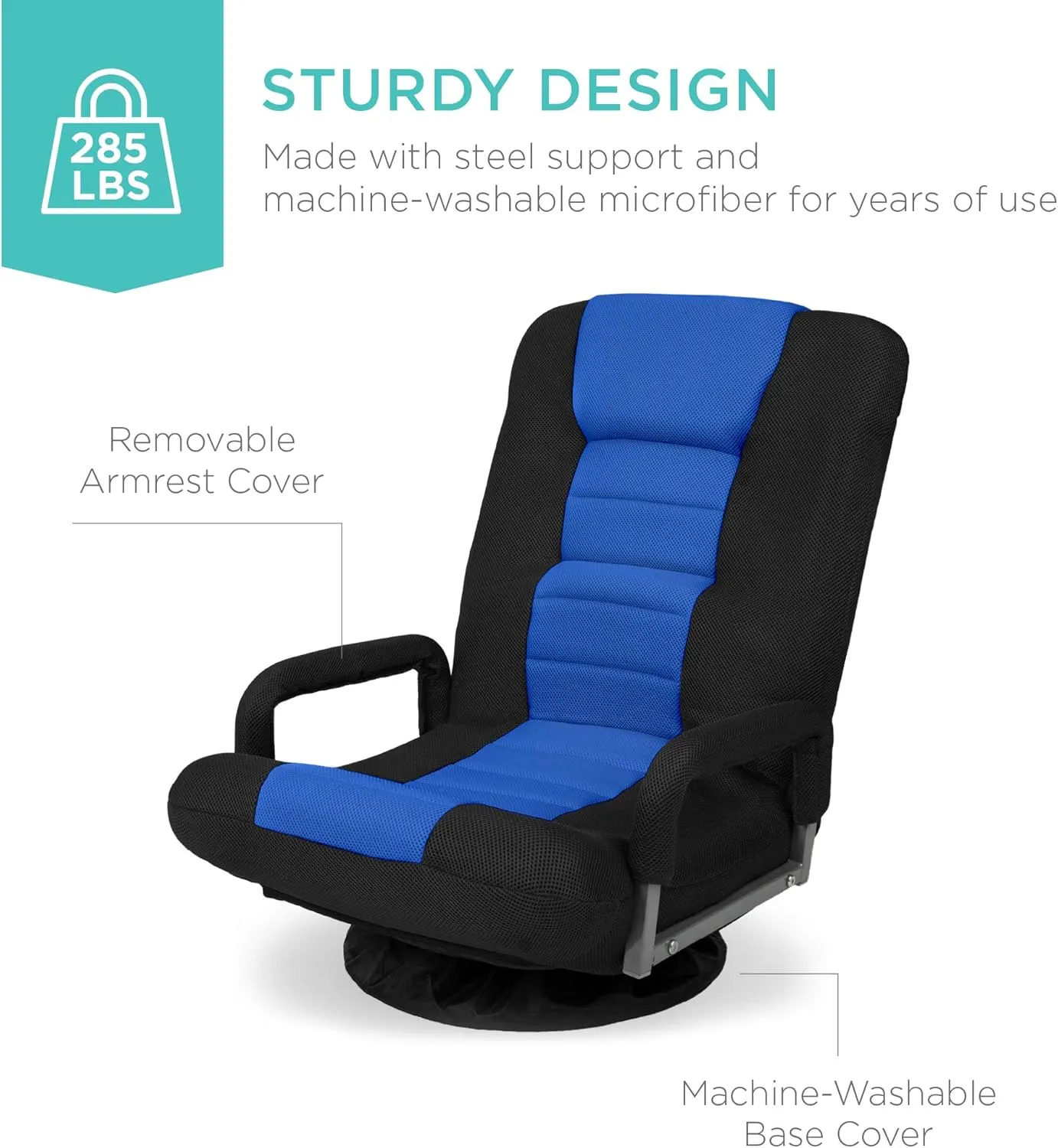 Best Choice Products Swivel Gaming Chair 360 Degree Multipurpose Floor Chair Rocker for TV, Reading, Playing Video Games w/Lumbar Support, Armrest Handles, Adjustable Foldable Backrest - Black/Blue