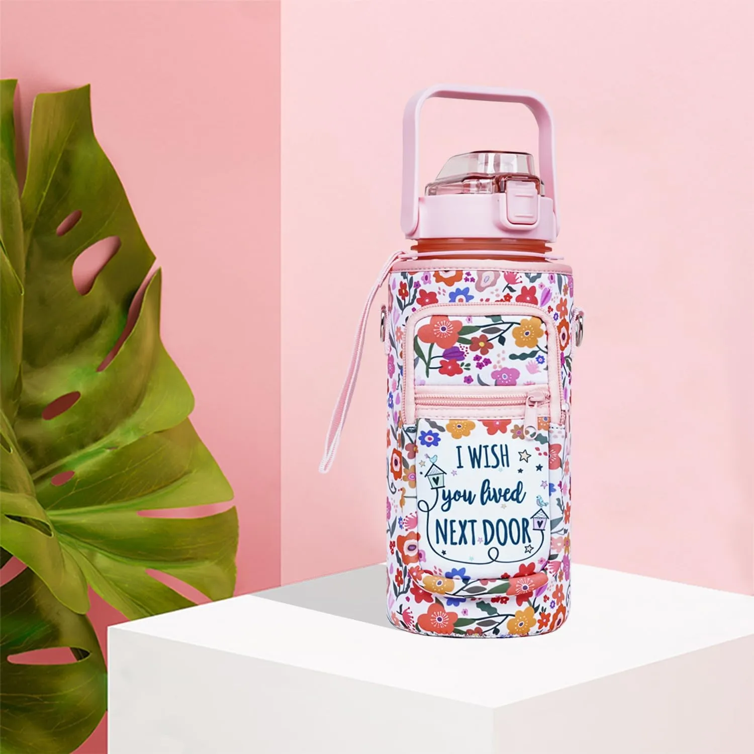 Best Friend Gift Women - Half Gallon Water Bottle with Sleeve - I Wish You Lived Next Door - Best Friend - BPA Free 64 OZ Water Bottle - with Time Marker Leakproof Water Jug