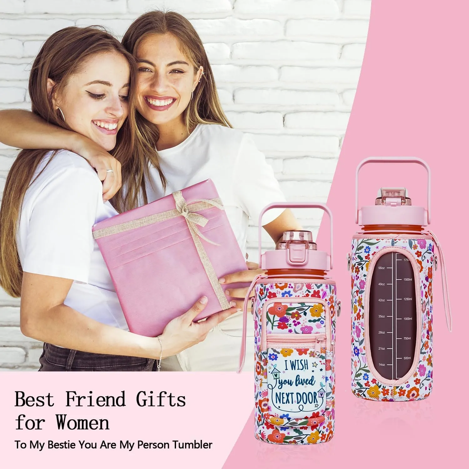 Best Friend Gift Women - Half Gallon Water Bottle with Sleeve - I Wish You Lived Next Door - Best Friend - BPA Free 64 OZ Water Bottle - with Time Marker Leakproof Water Jug