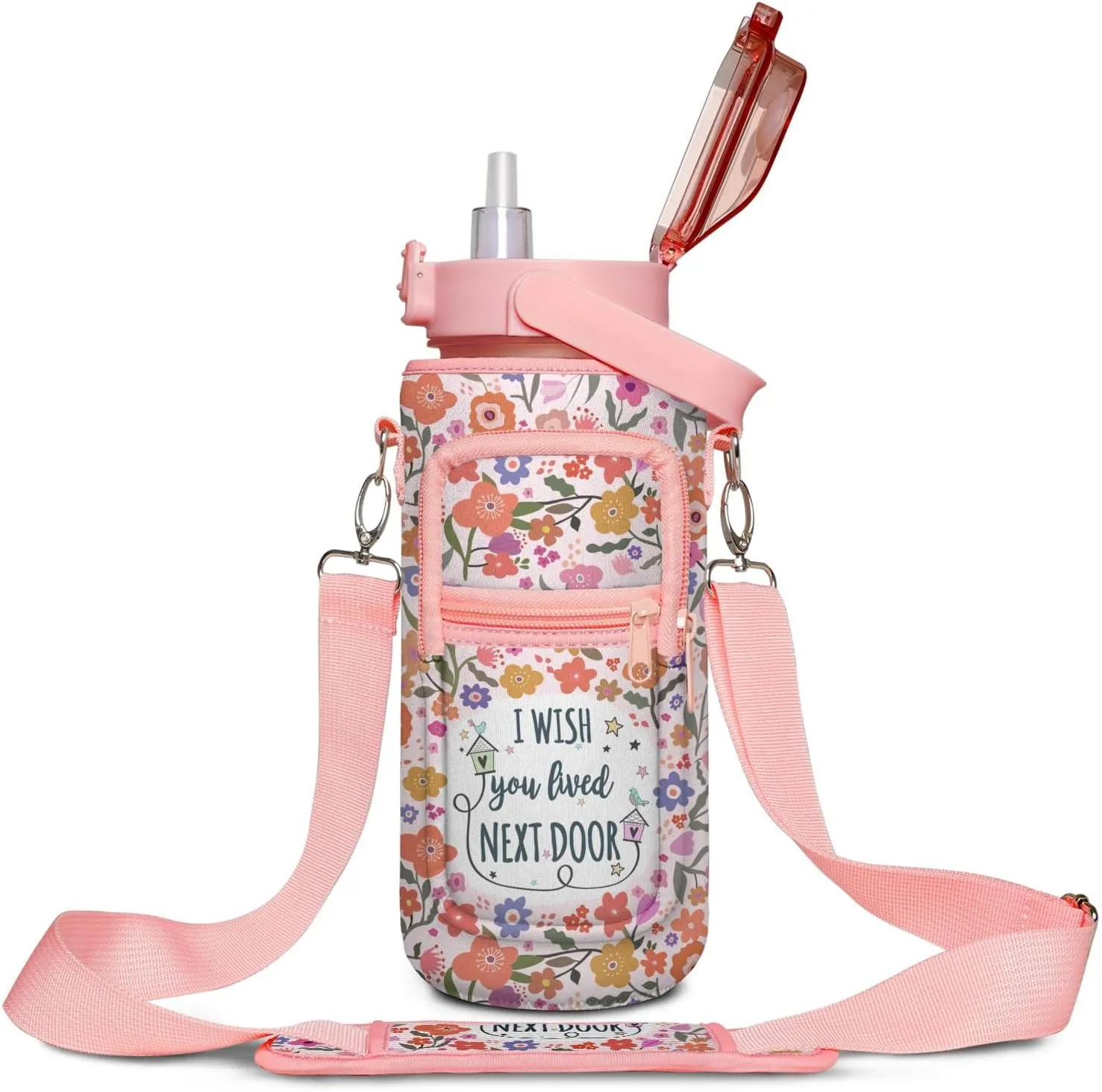 Best Friend Gift Women - Half Gallon Water Bottle with Sleeve - I Wish You Lived Next Door - Best Friend - BPA Free 64 OZ Water Bottle - with Time Marker Leakproof Water Jug