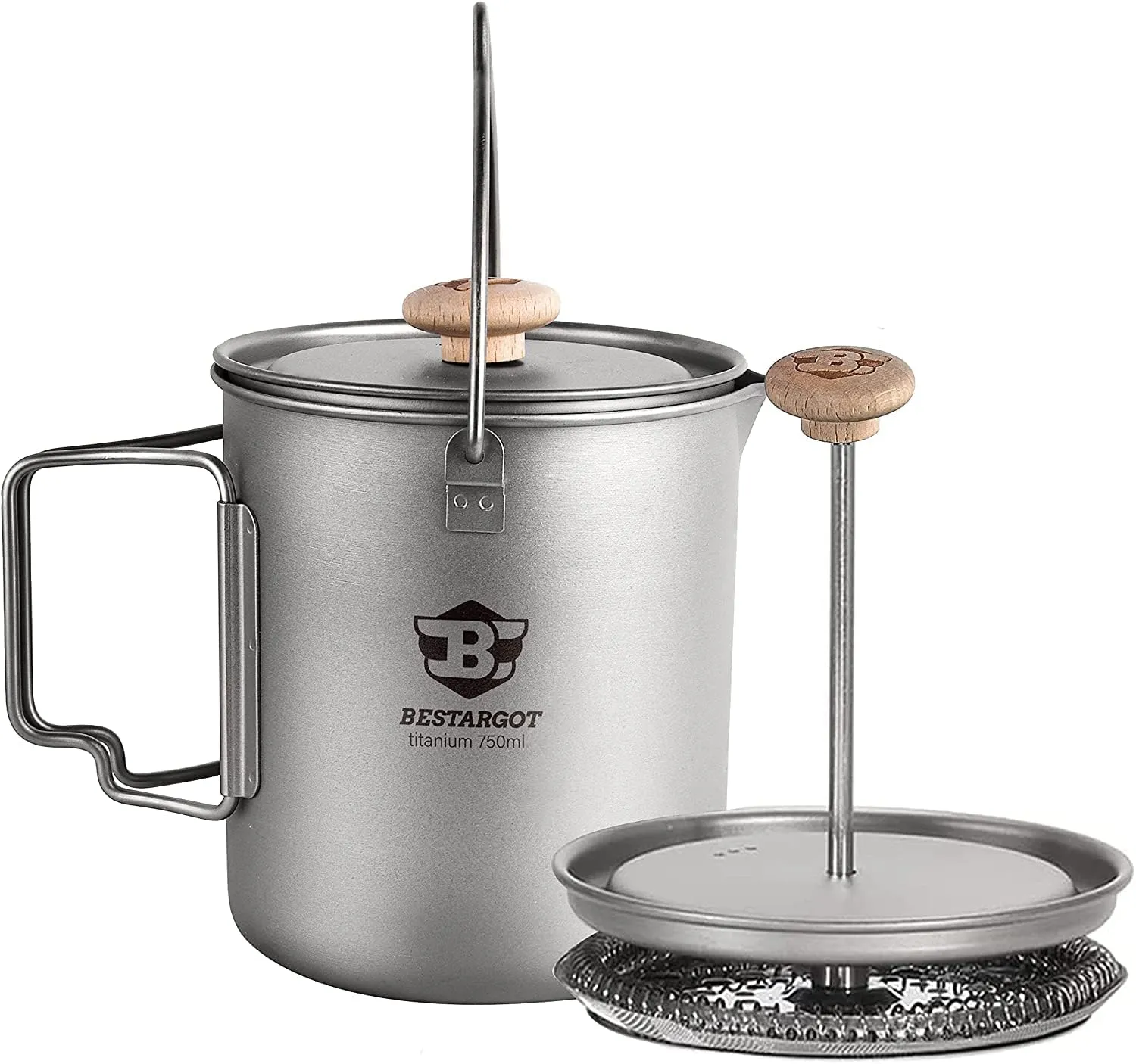 Bestargot Titanium Pot 750ml, Portable French Press | Ultralight Camping Pot for Coffee, Cooking & Survival | Compatible with Camp Stoves