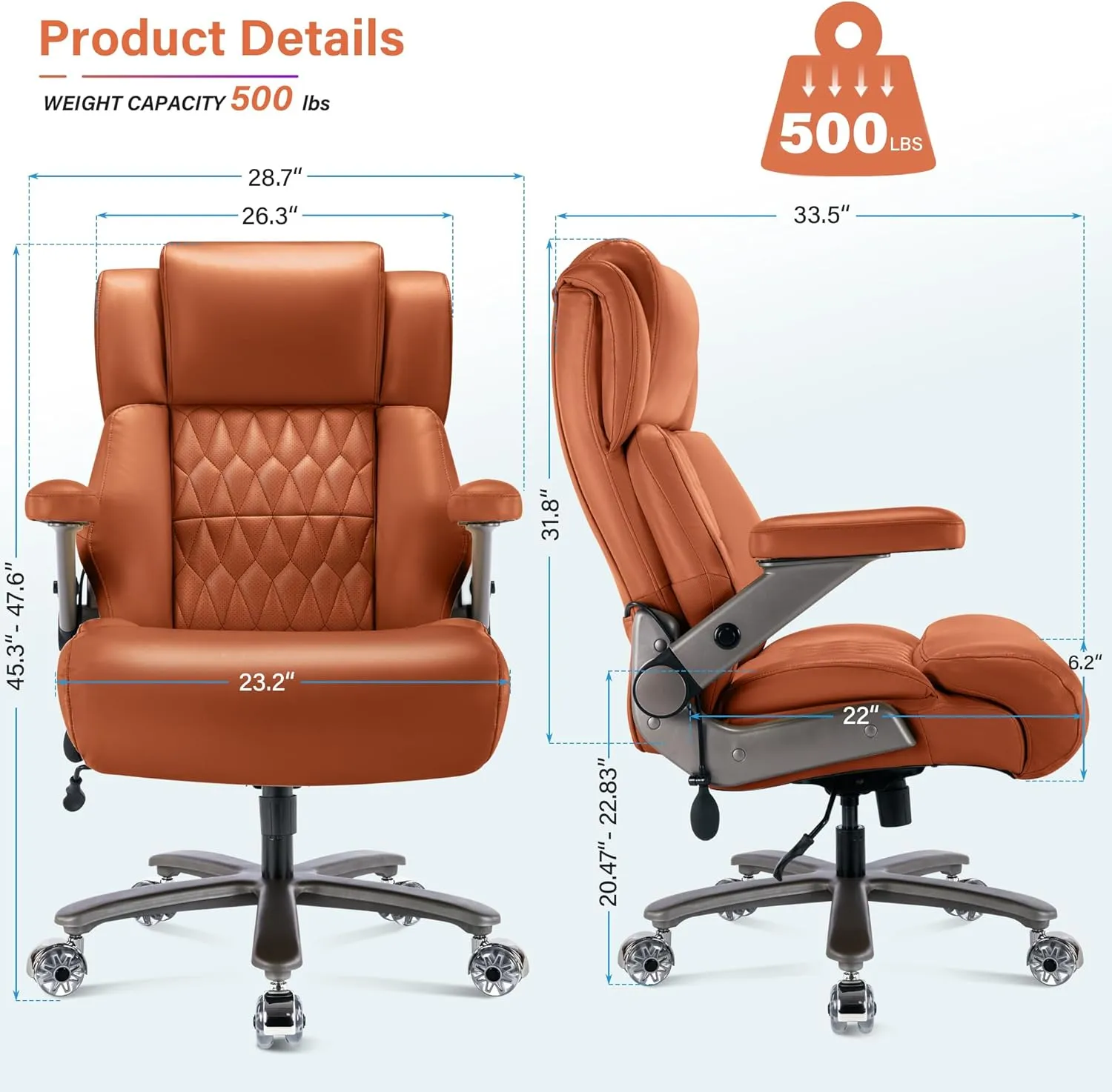 Big and Tall 500lbs Office Chair - Adjustable Lumbar Support 3D Flip Arms Heavy Duty Metal Base&Wheels, High Back Large Executive Computer Desk Chair, Thick Padded Ergonomic Design for Back Pain