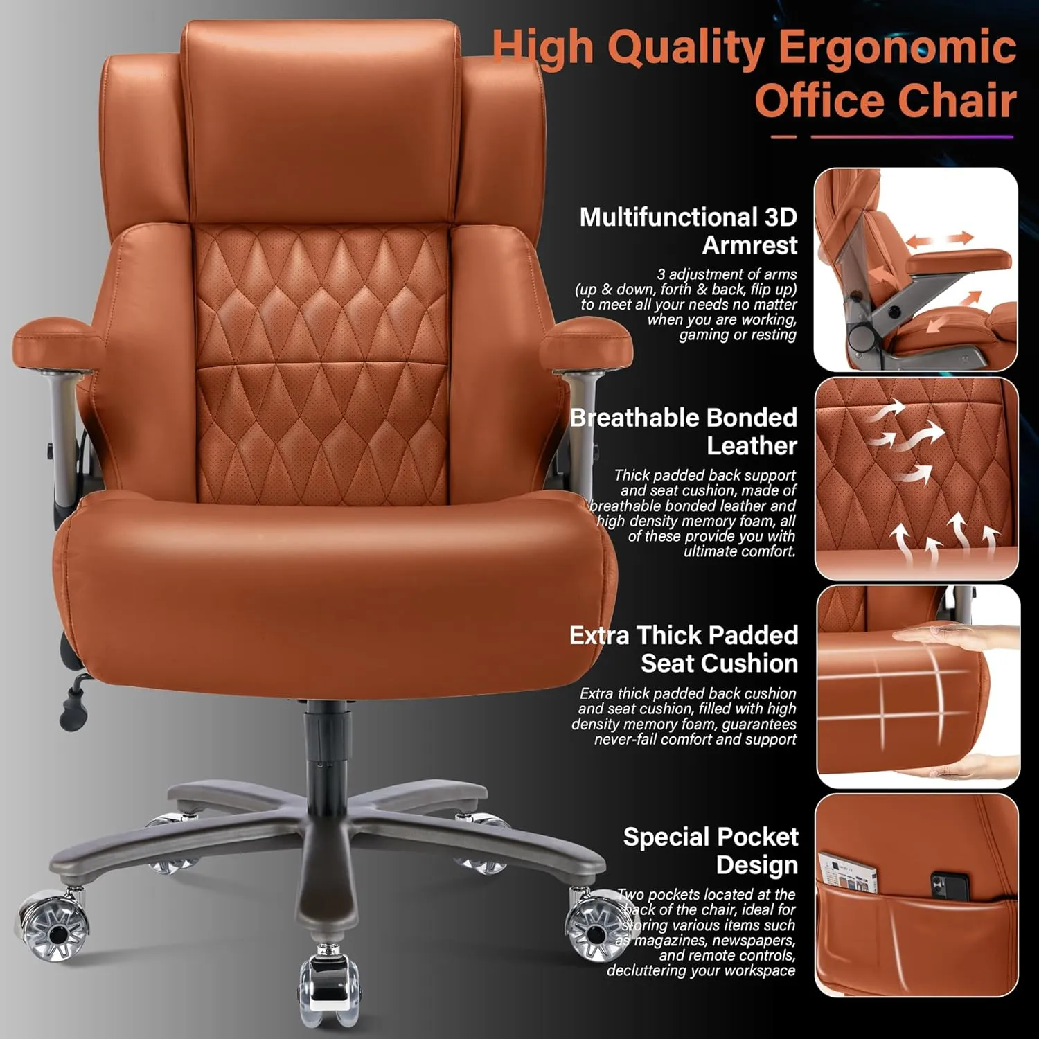 Big and Tall 500lbs Office Chair - Adjustable Lumbar Support 3D Flip Arms Heavy Duty Metal Base&Wheels, High Back Large Executive Computer Desk Chair, Thick Padded Ergonomic Design for Back Pain