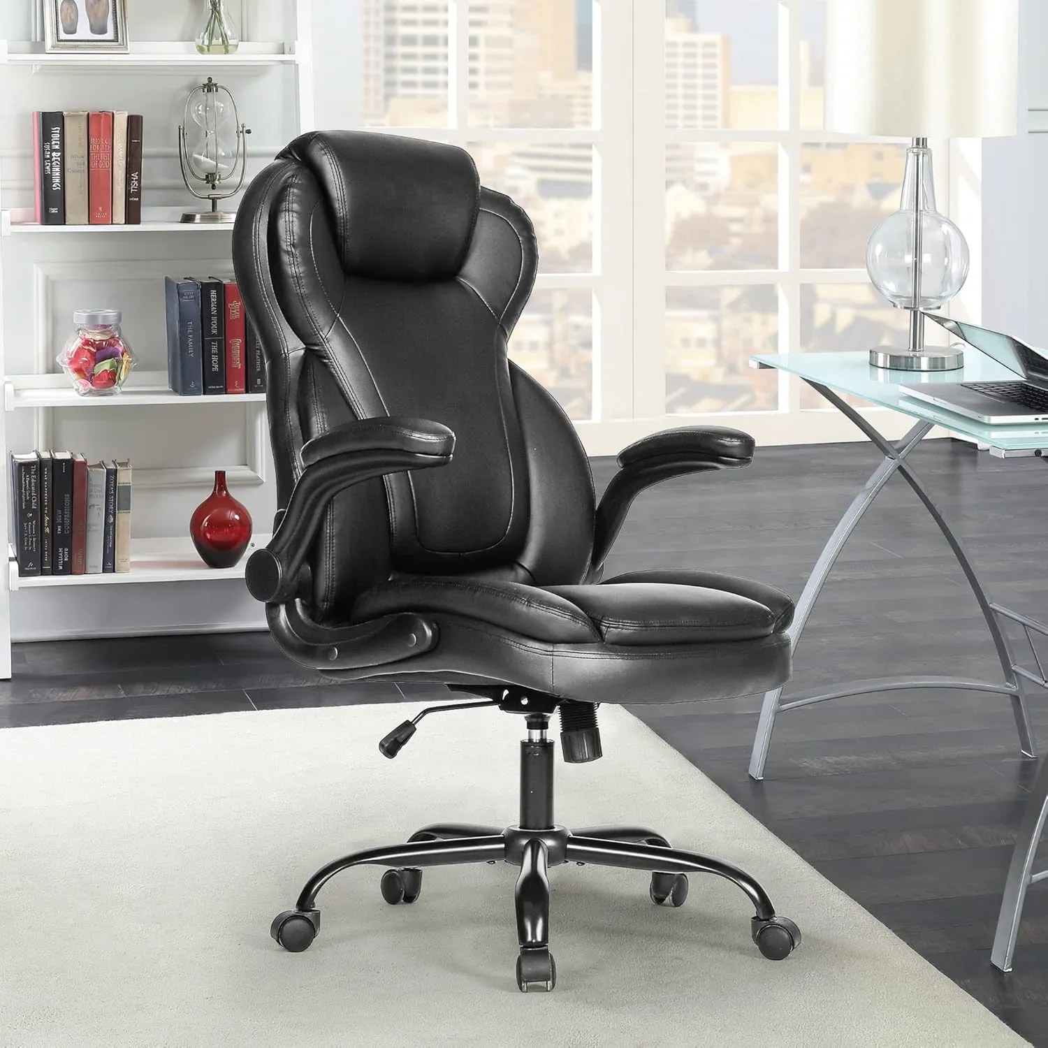 Big and Tall Office Chair 400lbs-Heavy Duty Executive Desk Chair with Extra Wide Seat, High Back Ergonomic Leather Computer Chair with Tilt Rock&Tension, Padded Armrests-Black