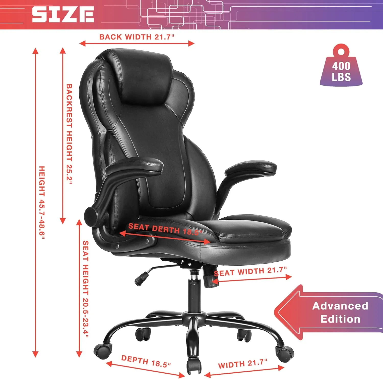 Big and Tall Office Chair 400lbs-Heavy Duty Executive Desk Chair with Extra Wide Seat, High Back Ergonomic Leather Computer Chair with Tilt Rock&Tension, Padded Armrests-Black