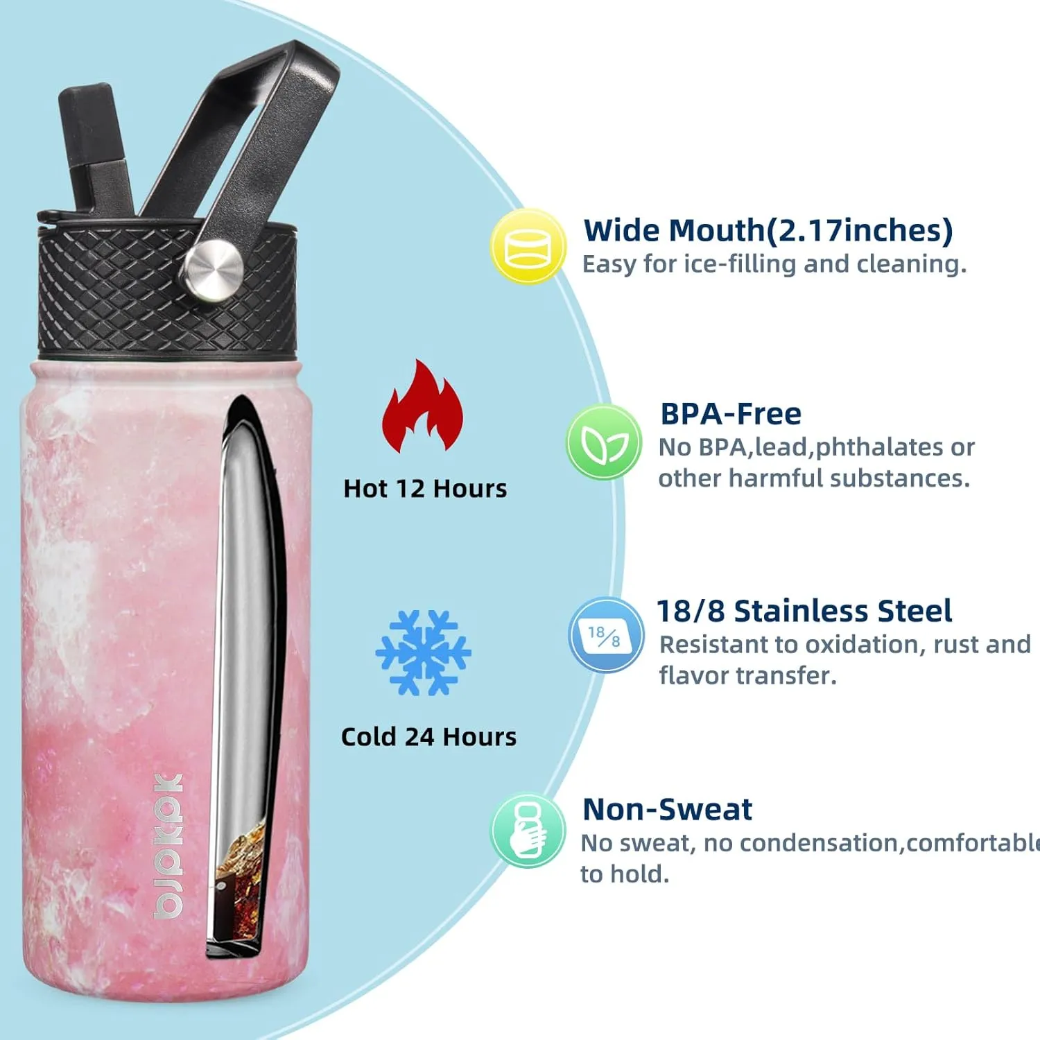 BJPKPK 2 Pack Insulated Water Bottles with Straw Lids, 18oz Stainless Steel Metal Water Bottle with 6 Lids, Leak Proof BPA Free Thermos, Cups, Flasks for Travel, Sports (Blossom Ocean)