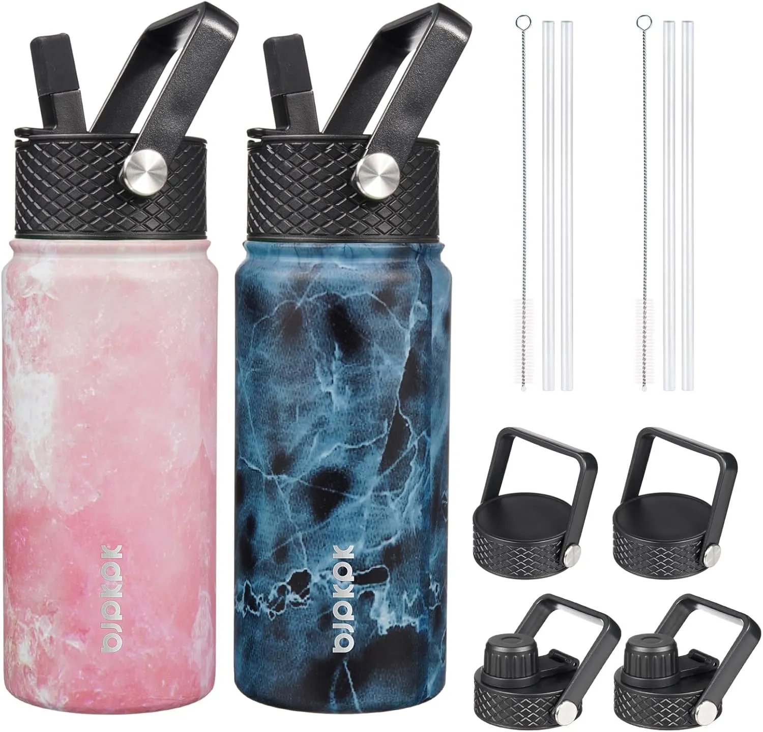 BJPKPK 2 Pack Insulated Water Bottles with Straw Lids, 18oz Stainless Steel Metal Water Bottle with 6 Lids, Leak Proof BPA Free Thermos, Cups, Flasks for Travel, Sports (Blossom Ocean)