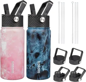 BJPKPK 2 Pack Insulated Water Bottles with Straw Lids, 18oz Stainless Steel Metal Water Bottle with 6 Lids, Leak Proof BPA Free Thermos, Cups, Flasks for Travel, Sports (Blossom Ocean)