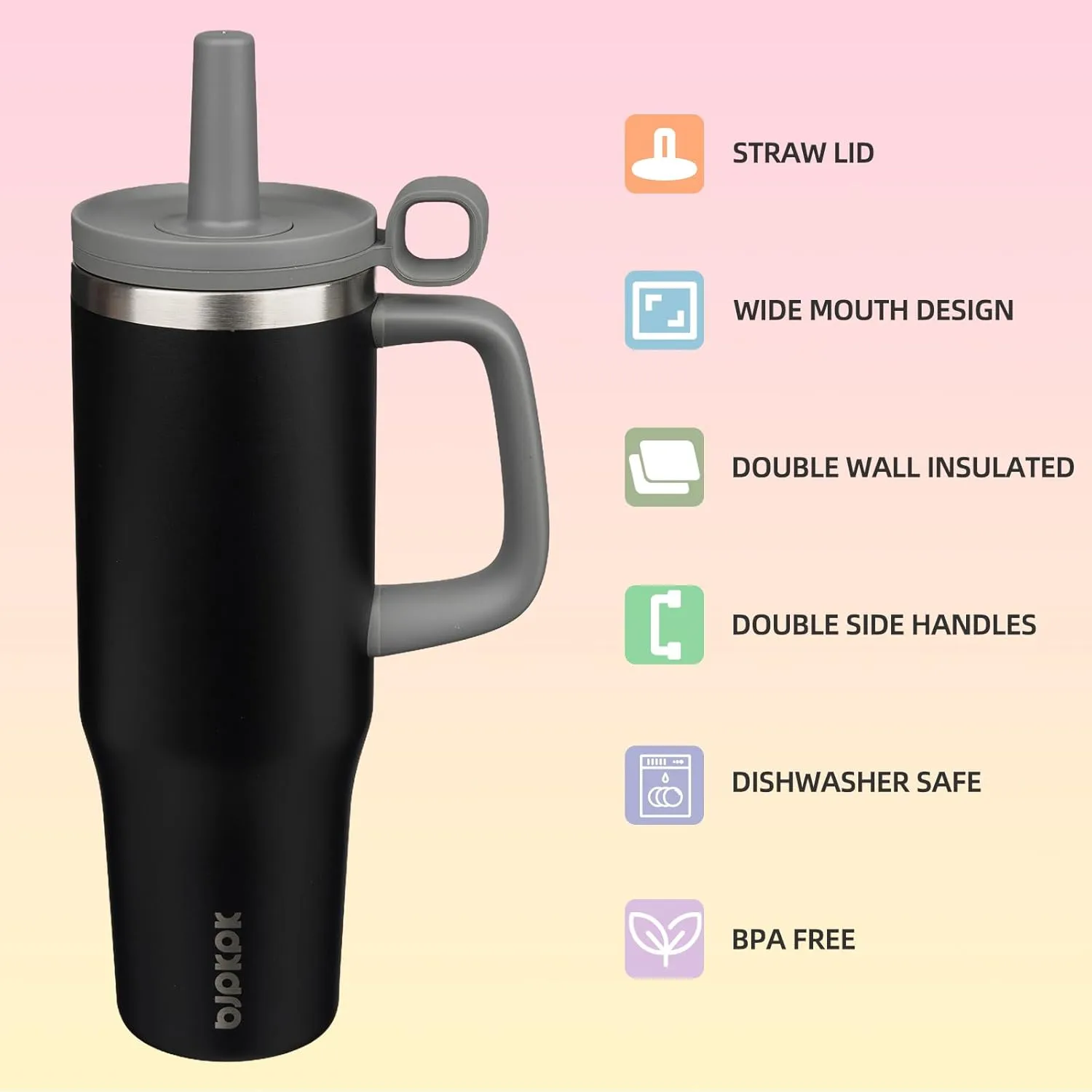 BJPKPK Insualted Tumblers with Handle and Straw 40oz Stianless Steel Travel Coffee Mug Thermal Cups with Lid,Black