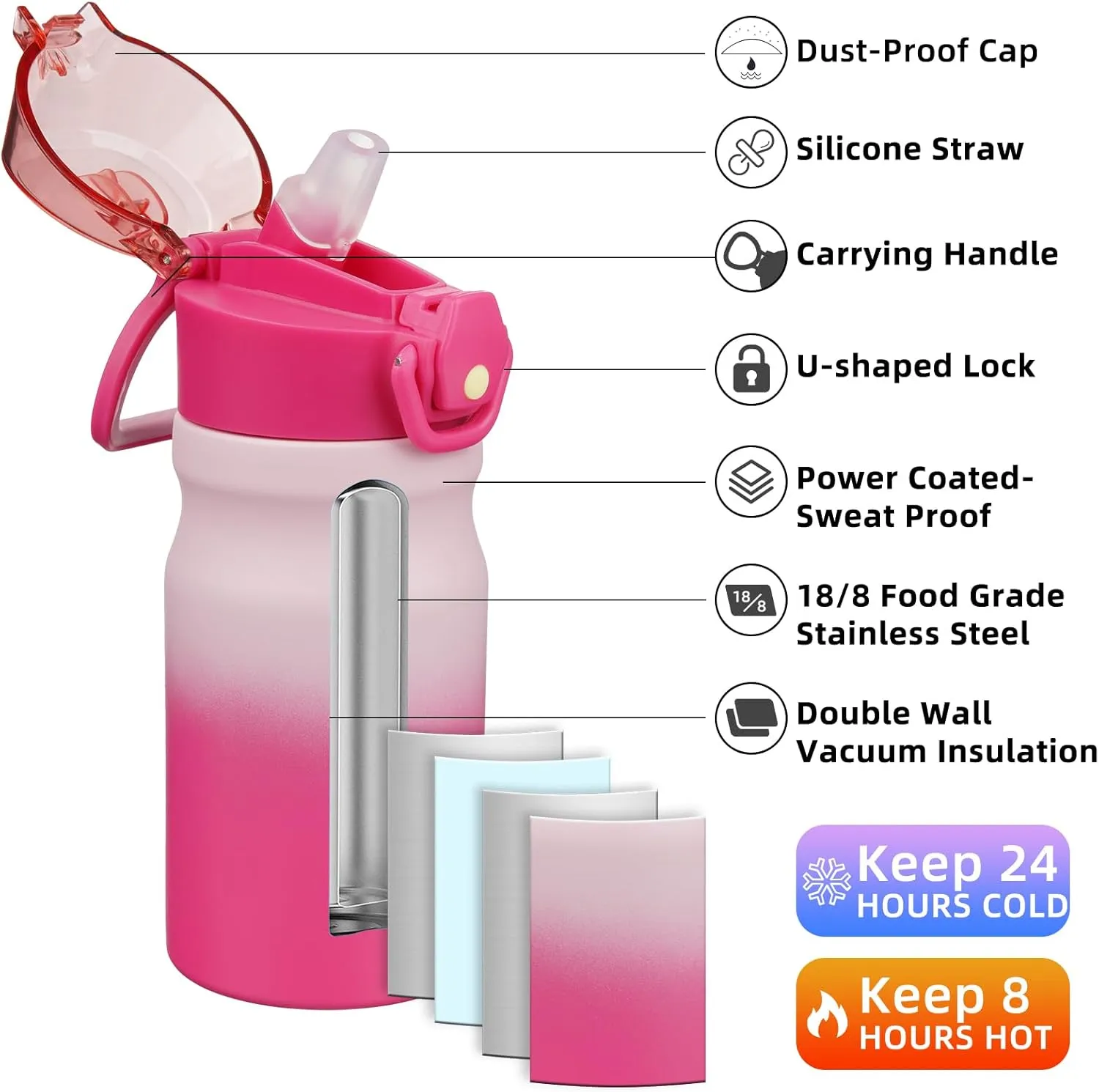 BJPKPK Insulated Water Bottle 14oz Stainless Steel Water Bottles With Straw And Carry Handle Double Wall Metal Thermos,Cherry Blossom