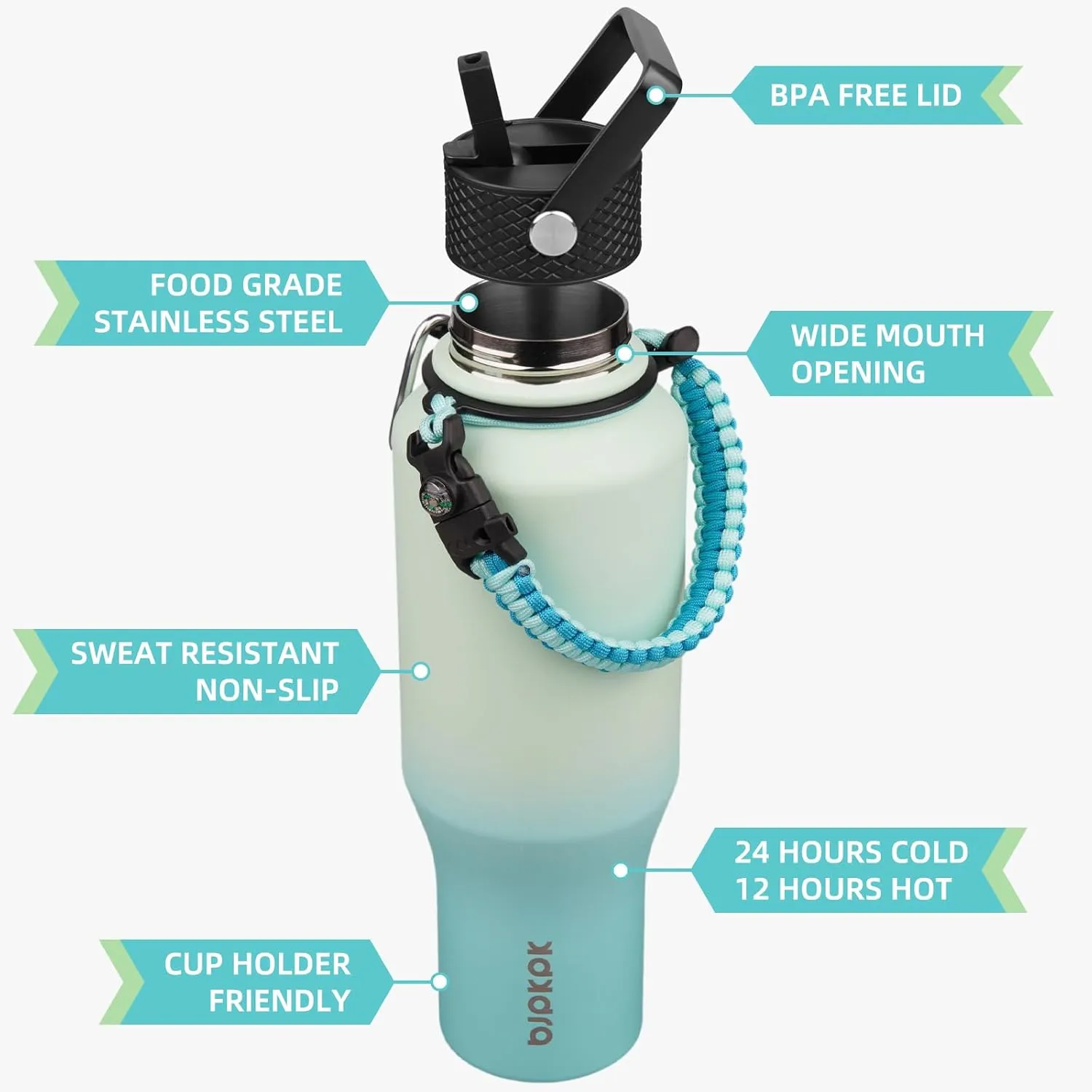 BJPKPK Insulated Water Bottles with Straw Lid, 35oz Metal Water Bottle with 2 lids & Paracord Strap, Double Wall Stainless Steel Vacuum Tumblers, Cups, Mugs, Thermos for Hot& Cold Drinks, Mint