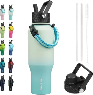 BJPKPK Insulated Water Bottles with Straw Lid, 35oz Metal Water Bottle with 2 lids & Paracord Strap, Double Wall Stainless Steel Vacuum Tumblers, Cups, Mugs, Thermos for Hot& Cold Drinks, Mint