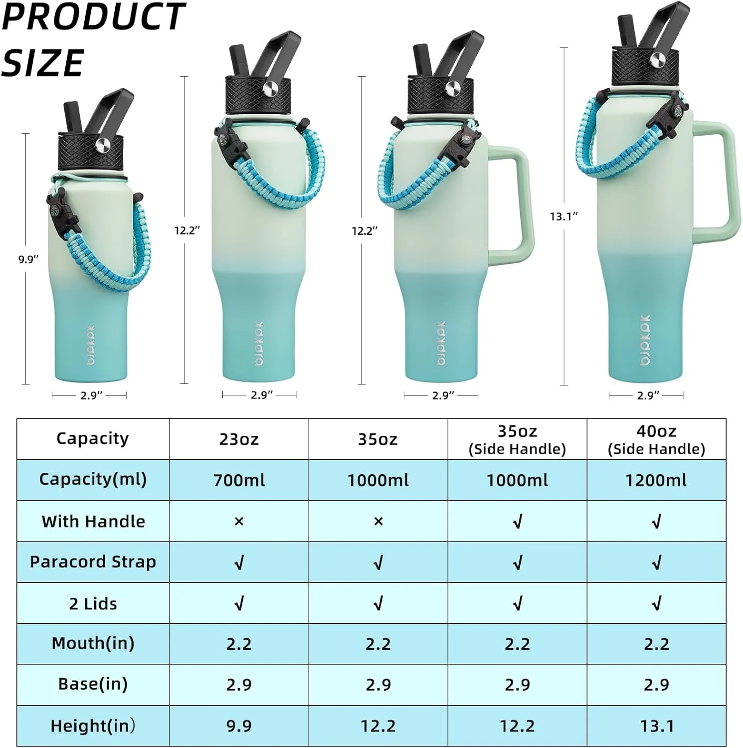 BJPKPK Insulated Water Bottles with Straw Lid, 35oz Metal Water Bottle with 2 lids & Paracord Strap, Double Wall Stainless Steel Vacuum Tumblers, Cups, Mugs, Thermos for Hot& Cold Drinks, Mint