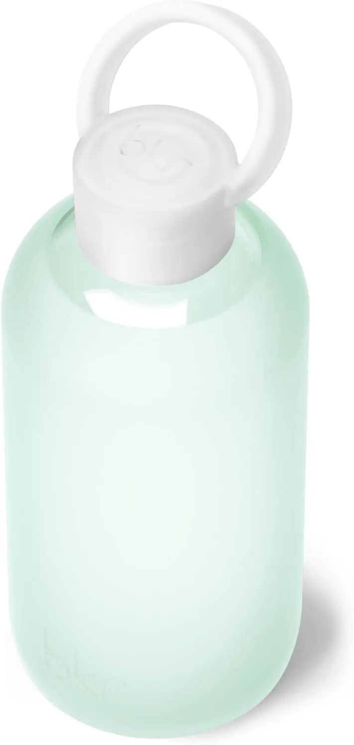 bkr - Little Smooth - Reusable Glass Water Bottle - 16oz - Fits in Cup Holder - Leakproof, Travel Friendly - BPA Free, Dishwasher Safe - Removable Silicone Sleeve & Carrying Loop