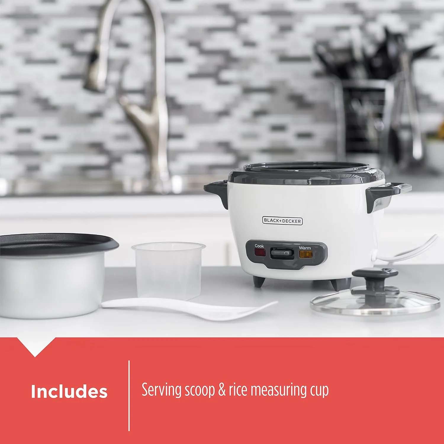 BLACK DECKER 3-Cup Rice Cooker, 1.5-cup Uncooked Rice, 3 Cups Cooked, Steaming Basket, Removable Non-Stick Bowl, One Touch