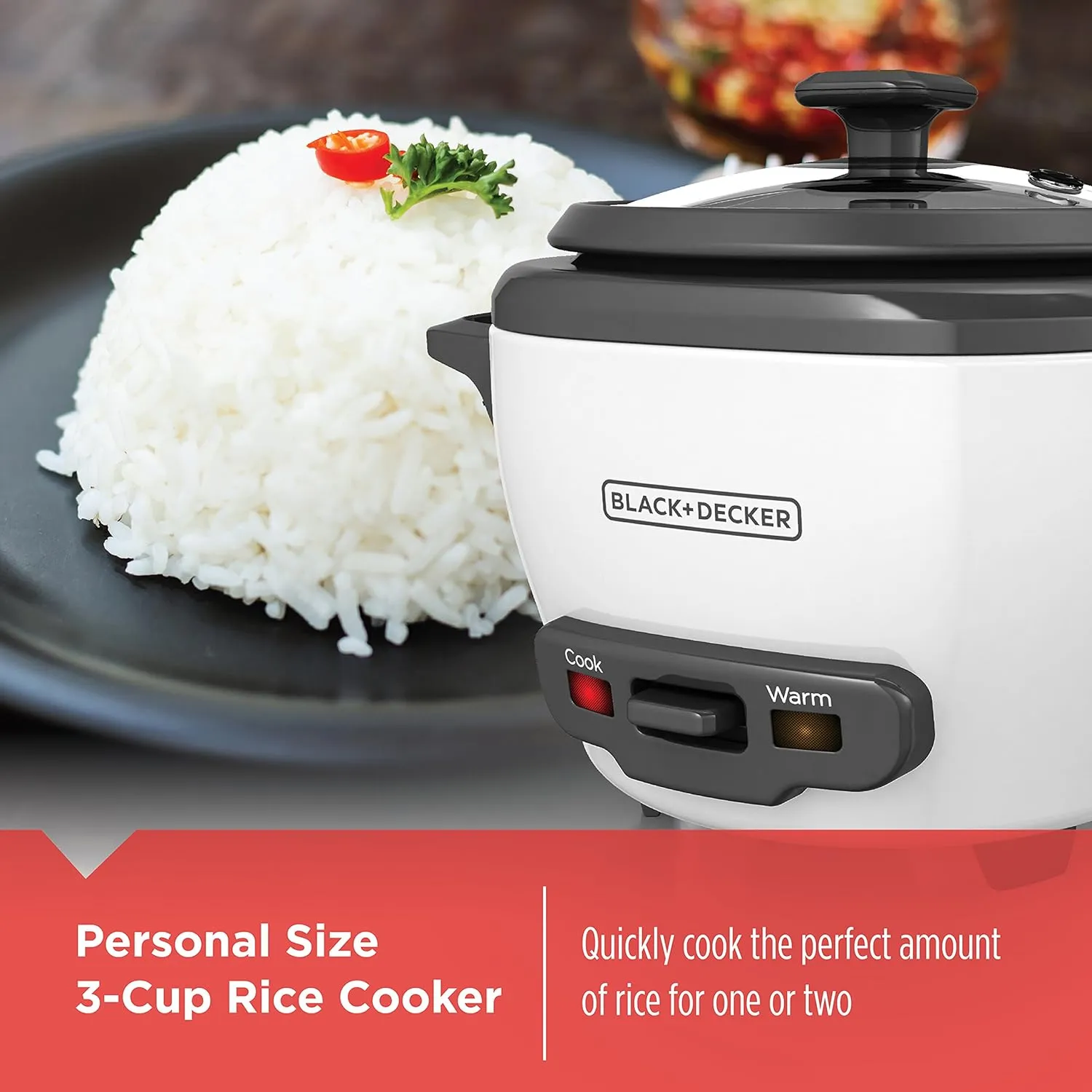 BLACK DECKER 3-Cup Rice Cooker, 1.5-cup Uncooked Rice, 3 Cups Cooked, Steaming Basket, Removable Non-Stick Bowl, One Touch