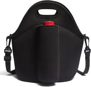 Black Insulated Lunch Bag Tote – Thick, Durable Neoprene Lunch Bags with Double-Layer Insulation & Insulated Bottle Holder – Machine-Washable, Freezable Lunch Bag with Removable Strap