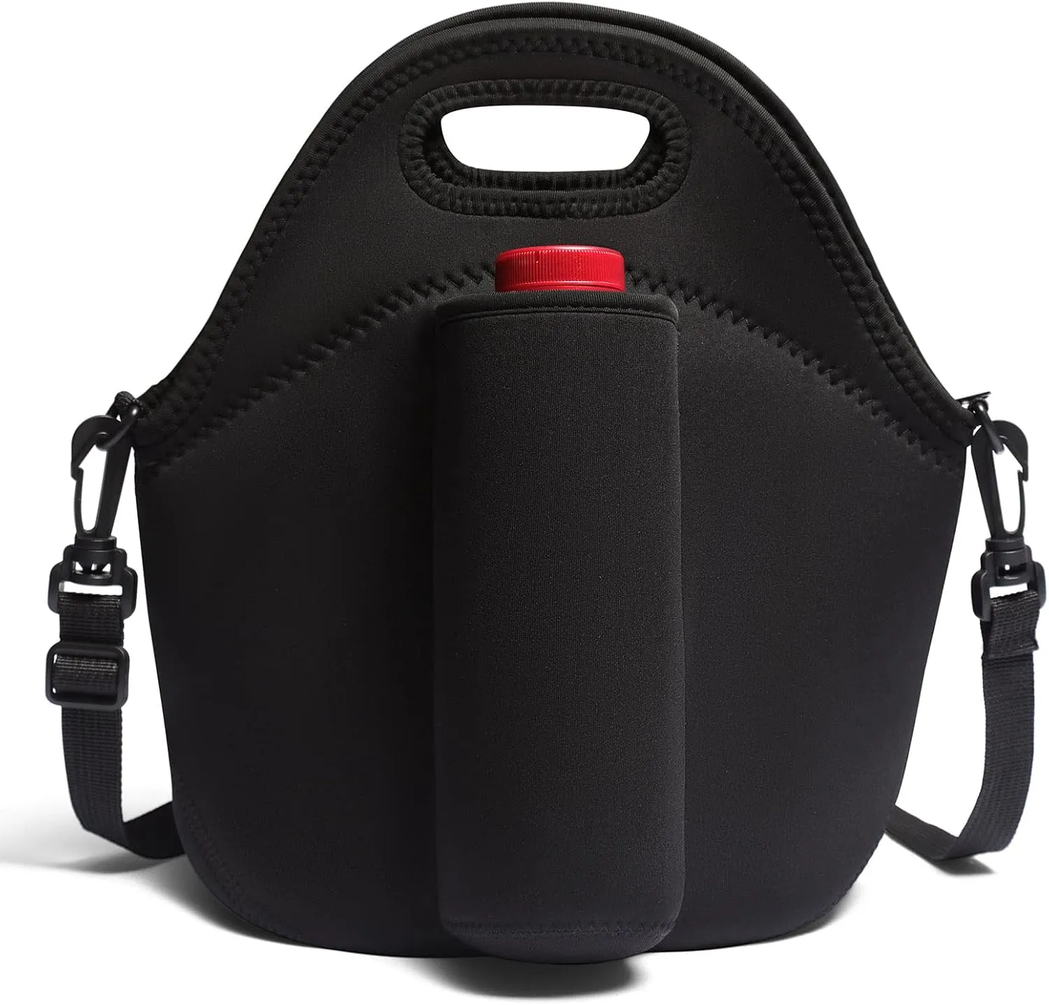 Black Insulated Lunch Bag Tote – Thick, Durable Neoprene Lunch Bags with Double-Layer Insulation & Insulated Bottle Holder – Machine-Washable, Freezable Lunch Bag with Removable Strap