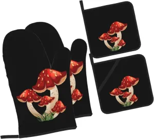 Black Mushroom Oven Mitts and Pot Holders Sets Heat Resistant Cooking Potholder Oven Gloves for Baking Grilling BBQ Mittens Non-Slip Kitchen Decor and Accessories Gifts