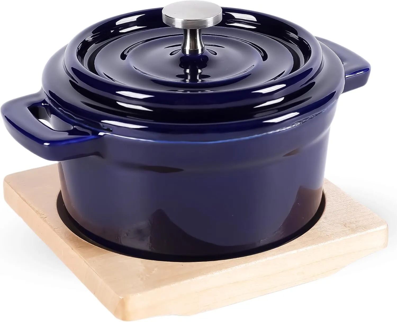 Blue Mini Cocotte with Lid & Wooden Tray – 8 oz Individual Mini Dutch Oven with Cast Iron Core, Enamel Interior & Exterior – Ideal Bakers & Casseroles for Soufflés, Desserts, and More