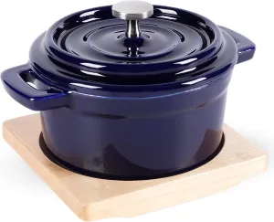 Blue Mini Cocotte with Lid & Wooden Tray – 8 oz Individual Mini Dutch Oven with Cast Iron Core, Enamel Interior & Exterior – Ideal Bakers & Casseroles for Soufflés, Desserts, and More