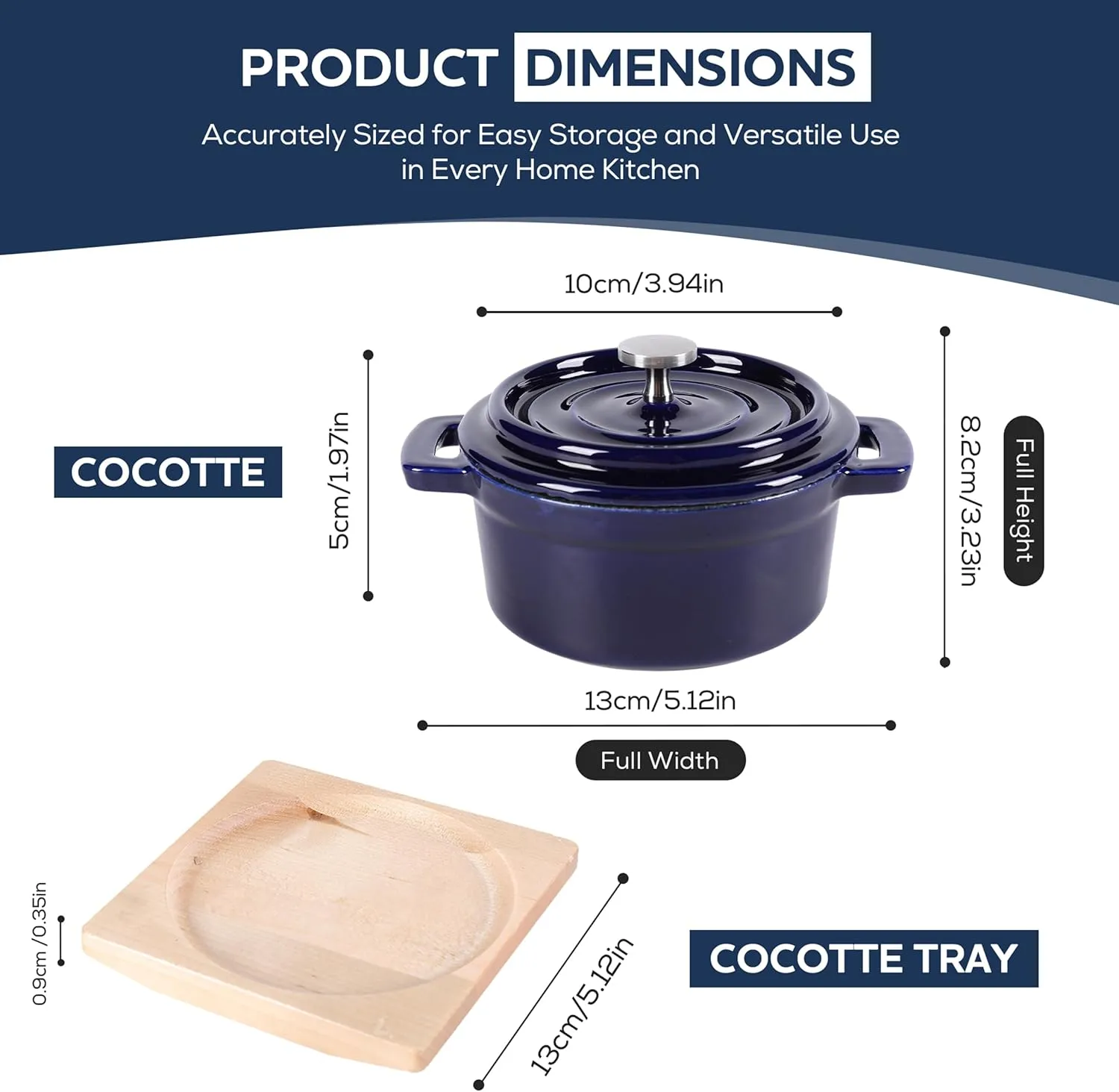 Blue Mini Cocotte with Lid & Wooden Tray – 8 oz Individual Mini Dutch Oven with Cast Iron Core, Enamel Interior & Exterior – Ideal Bakers & Casseroles for Soufflés, Desserts, and More