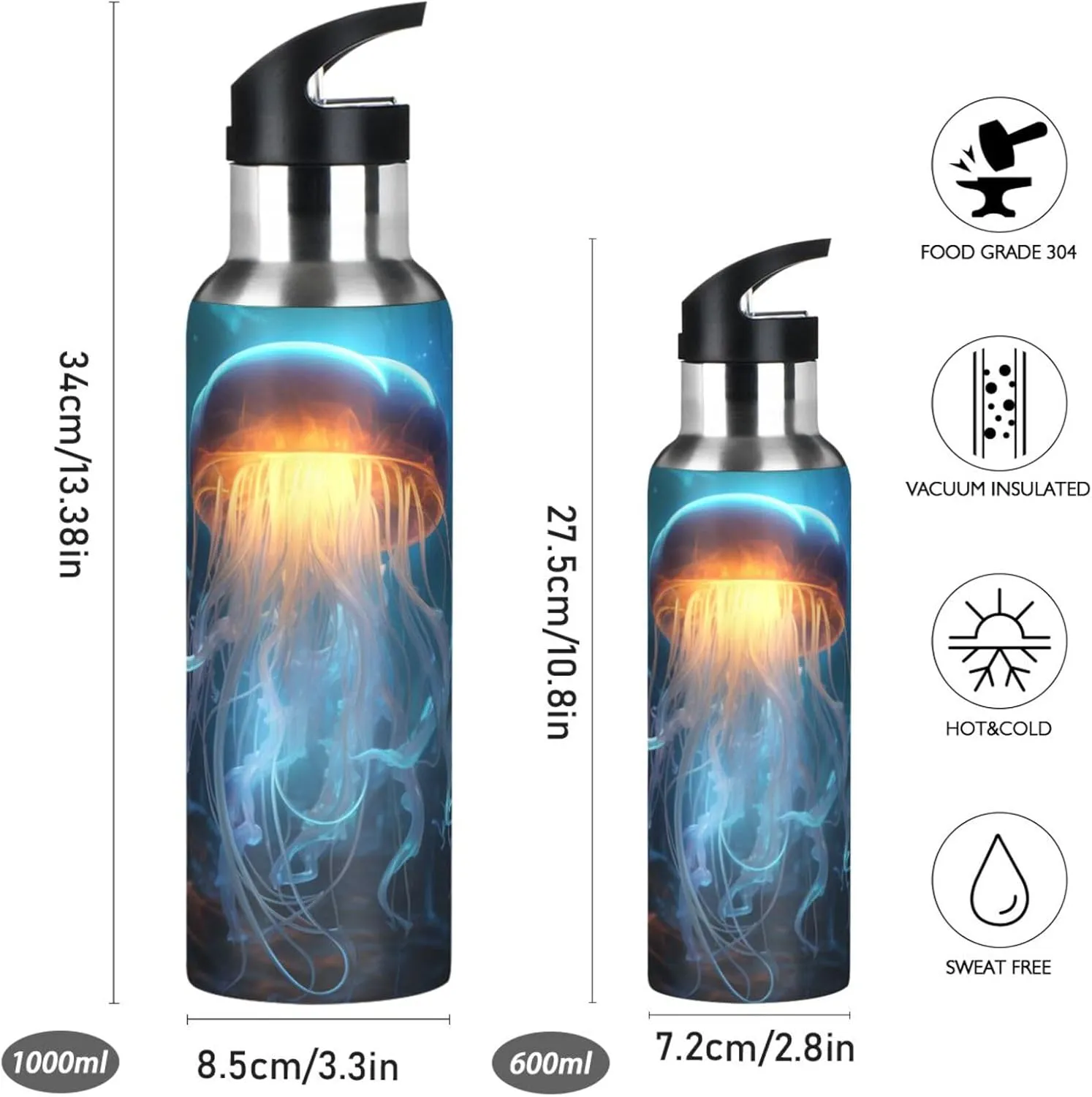 Blue Starlight Jellyfish Sport Water Bottle Insulated Stainless Steel Large Vacuum Flask Leak Proof Thermos with Straw for Travel(600ml/1000ml)